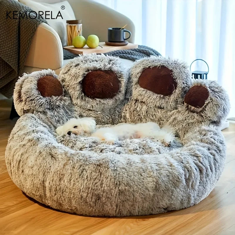 KEMORELA Creative Bear Paw-Shaped Plush Pet Nest Non-Slip Bottom Design Suitable for Small Pet Cats and Dogs