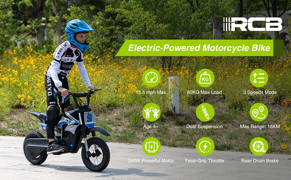 RCB Electric Motorcycle Kids, 36V 350W R9X PRO- Up 25KM/H &16KM Long-Range, 3-Speed