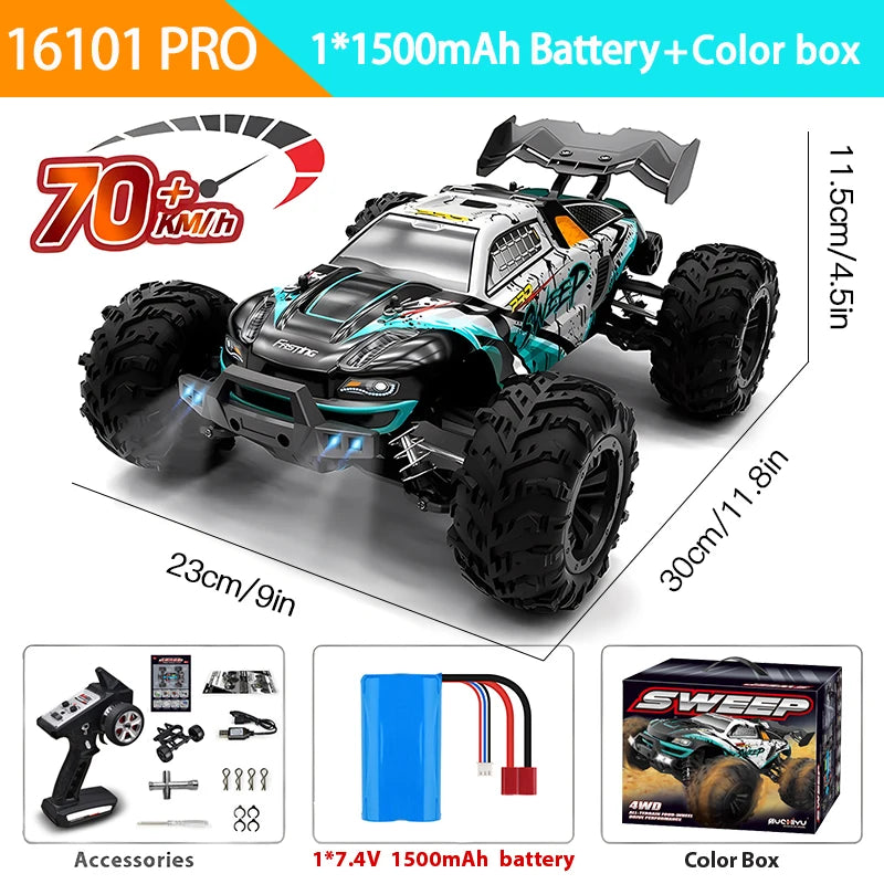 70KM/H Professional RC Car: Brushless Motor, 1:16 Scale 4WD High-Speed Off-road Climbing Vehicle W LED Light