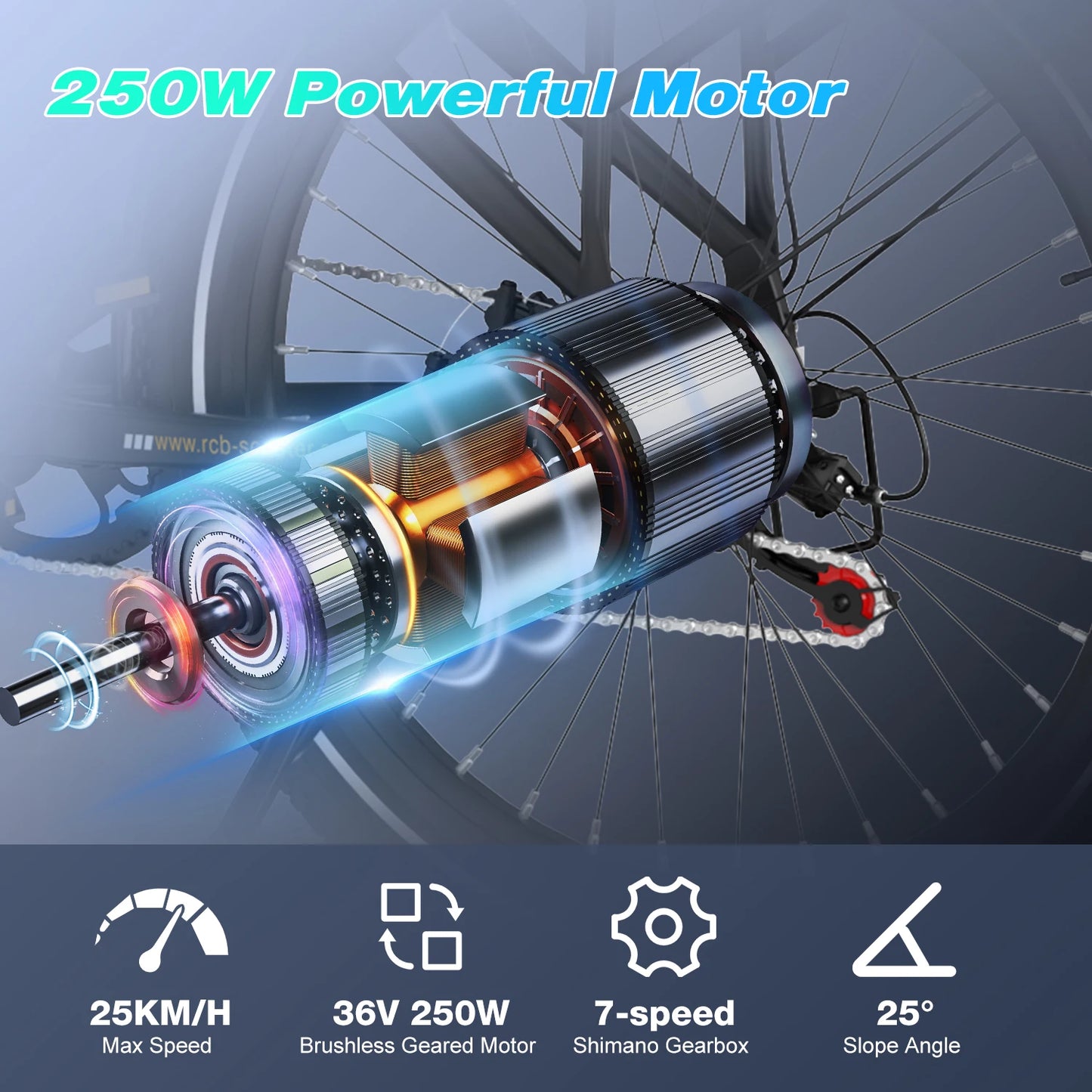 RCB Electric Bike for Adults G6, 25KM/H, 36V 10.4AH Removable Battery EBike, 27.5" Electric Bike, 250W, 7-Speed, Dual Disc Brake