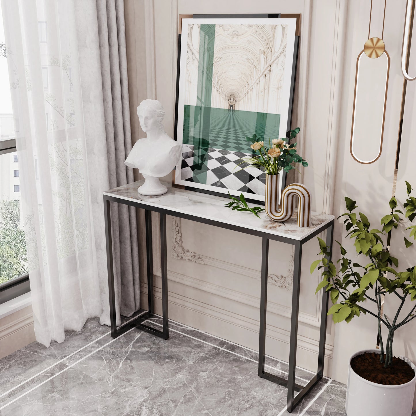 Modern Marble Console Table with Metal Frame for Entryway and Living Room Display