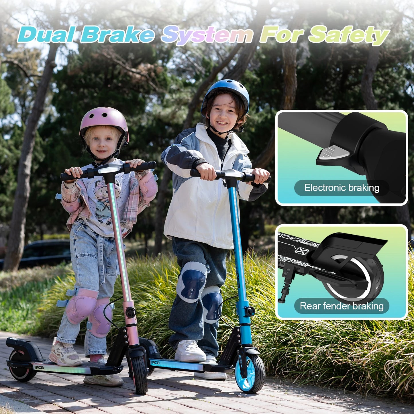 RCB R12 Electric Scooter for Kids Age 6-12, Rainbow Lights, 6.5" Foldable E Scooter, LED Display, Lightweight