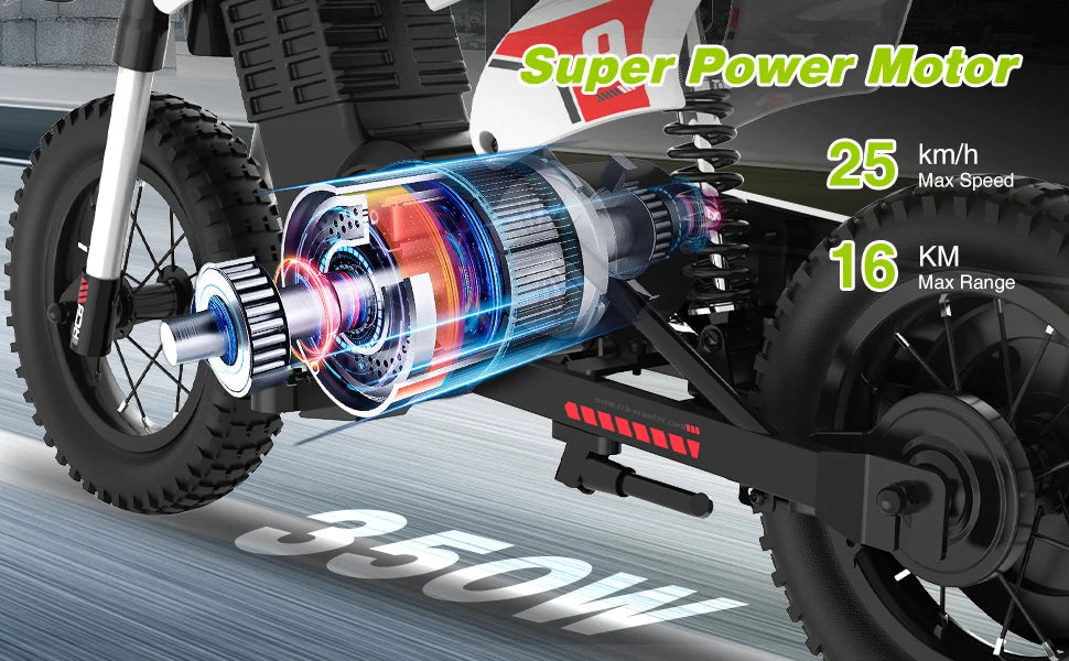 RCB Electric Motorcycle Kids, 36V 350W R9X PRO- Up 25KM/H &16KM Long-Range, 3-Speed