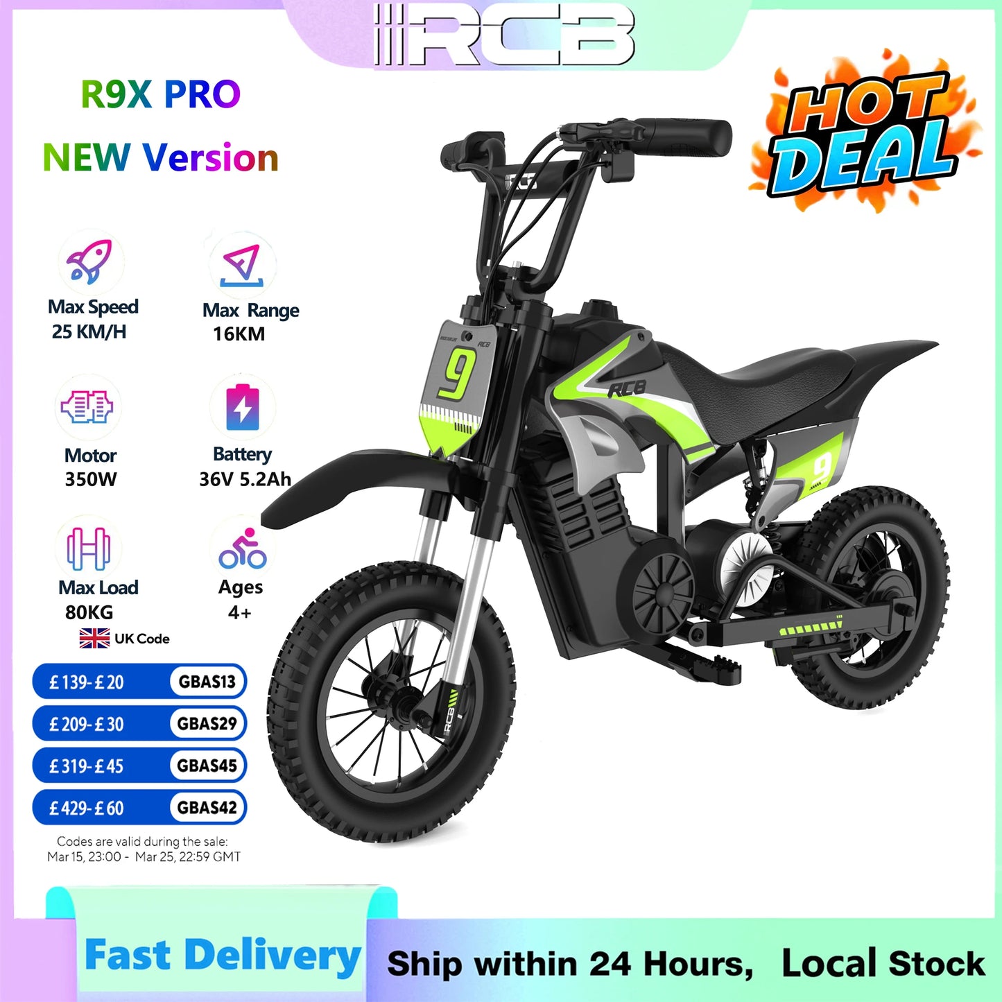 RCB Electric Motorcycle Kids, 36V 350W R9X PRO- Up 25KM/H &16KM Long-Range, 3-Speed