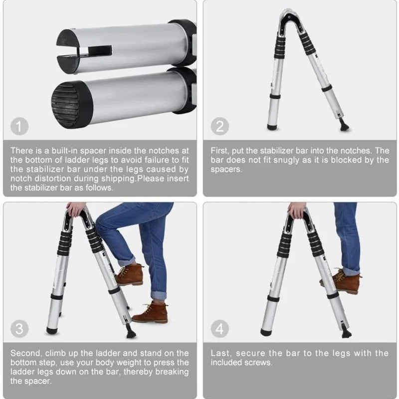 Heavy Duty Steel Telescopic Ladder 3.8m/5m A-Frame, 150kg Load Anti-Slip Stable w Stabilisers