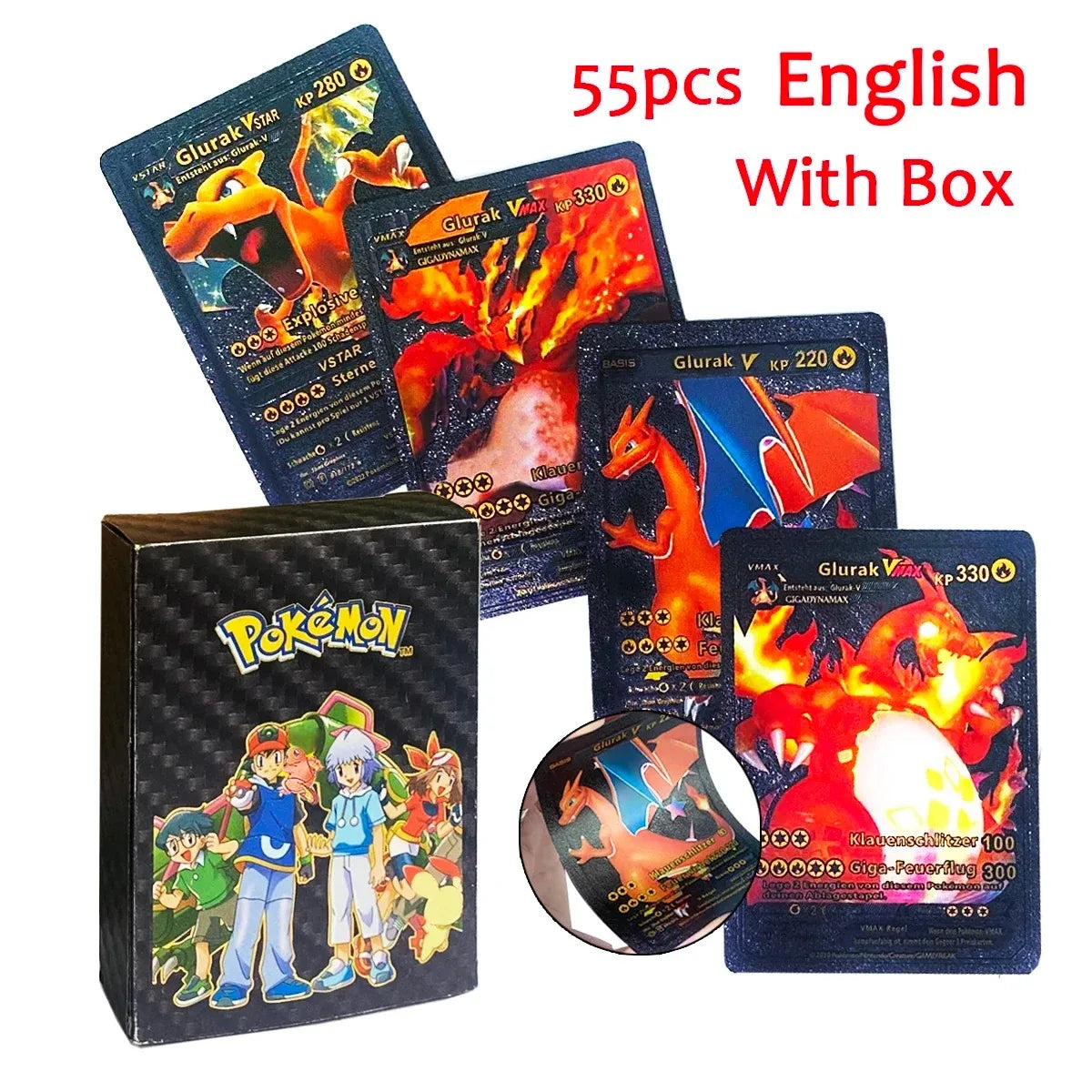 10-55Pcs Pokemon Gold Foil Cards Golden Letters English Spanish French German Game Card Metalicas Charizard Vmax Gx Series