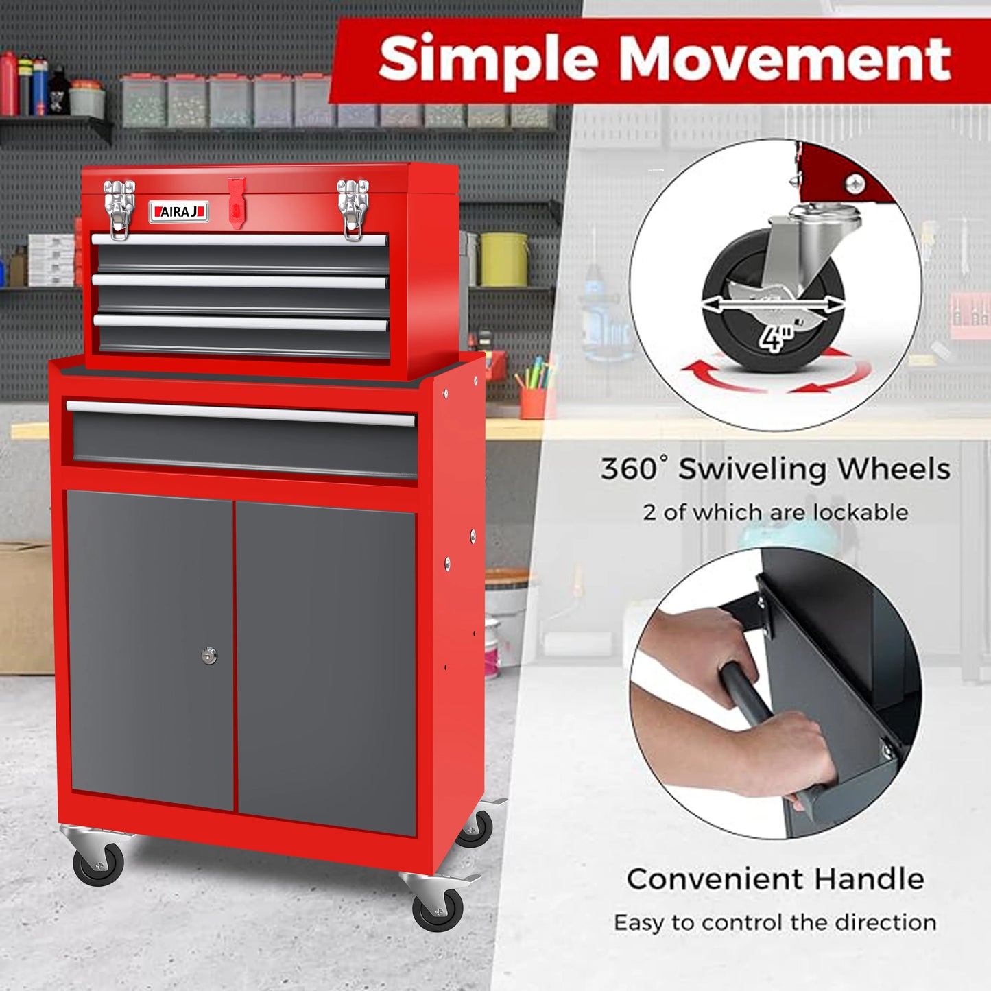 Double Door Four Drawer Rolling Tool Chest, Lockable Detachable Top Large Tool Cabinet, Padded Metal Toolbox