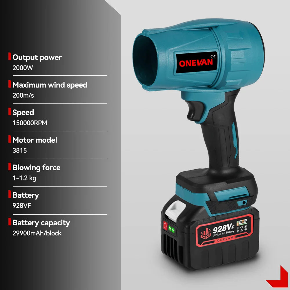 ONEVAN 2000W 200M/S Brushless Electric Turbo Fan Cordless Leaf Air Blowers Snow Dust Blowing Power Tool