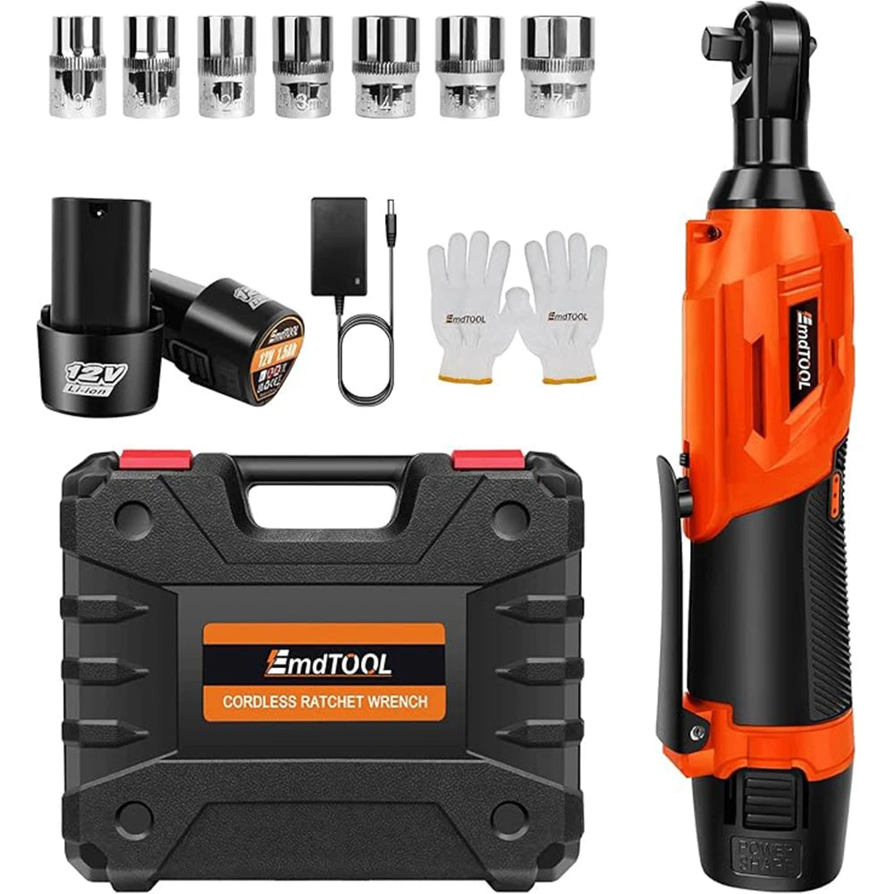 Cordless Ratchet Wrench,3/8" 12V Power Electric Ratchet Driver with 7 Sockets,Two 1500mAh Li-Ion Batteries