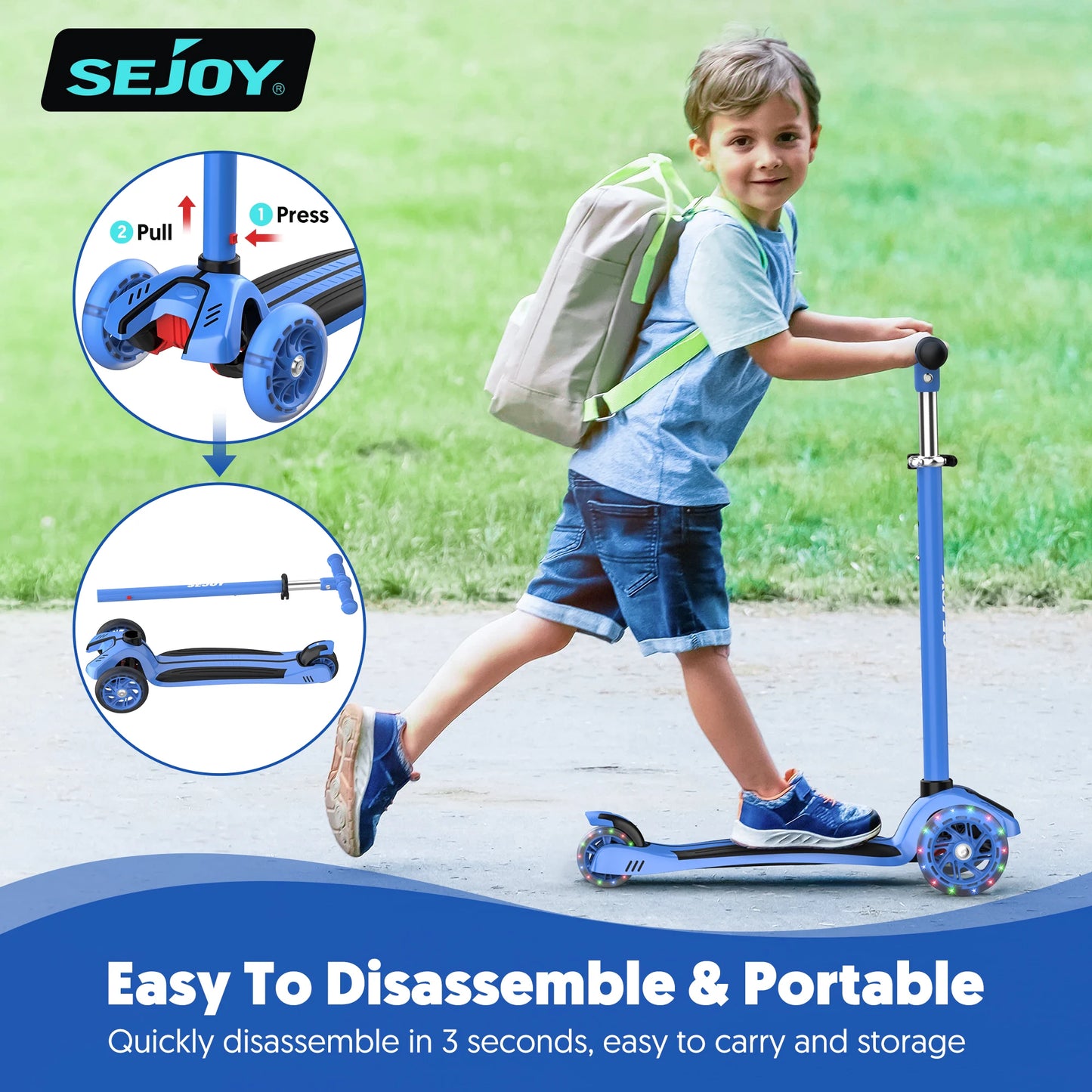 Adjustable foldable pedal Kids Scooter Light-Up 3 Wheels Adjustable Height to Steer for Ages 3-10