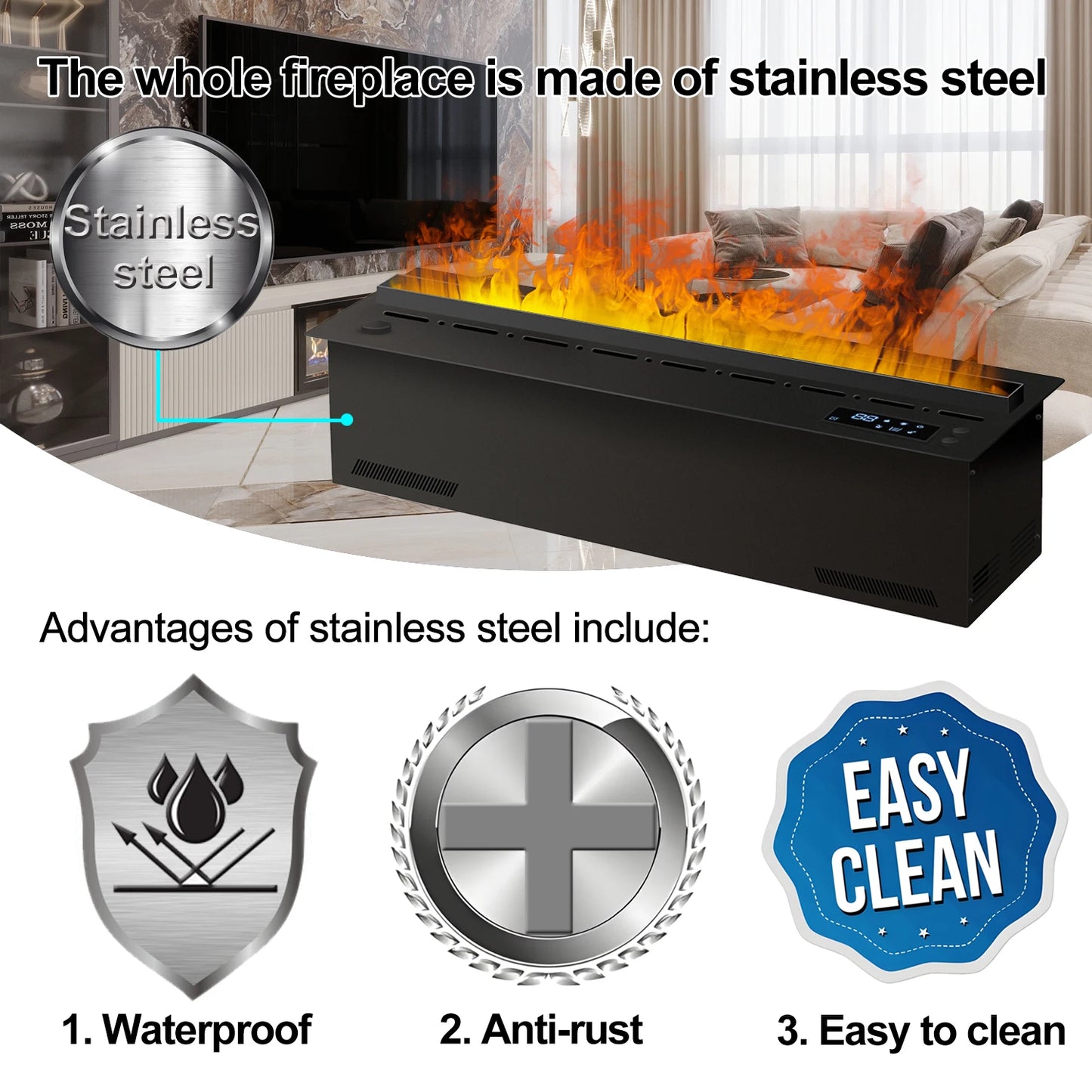 Smart Home 3D Fireplace Water Steam Humidifier LED Decorative Flame TV Wall Sound Electric