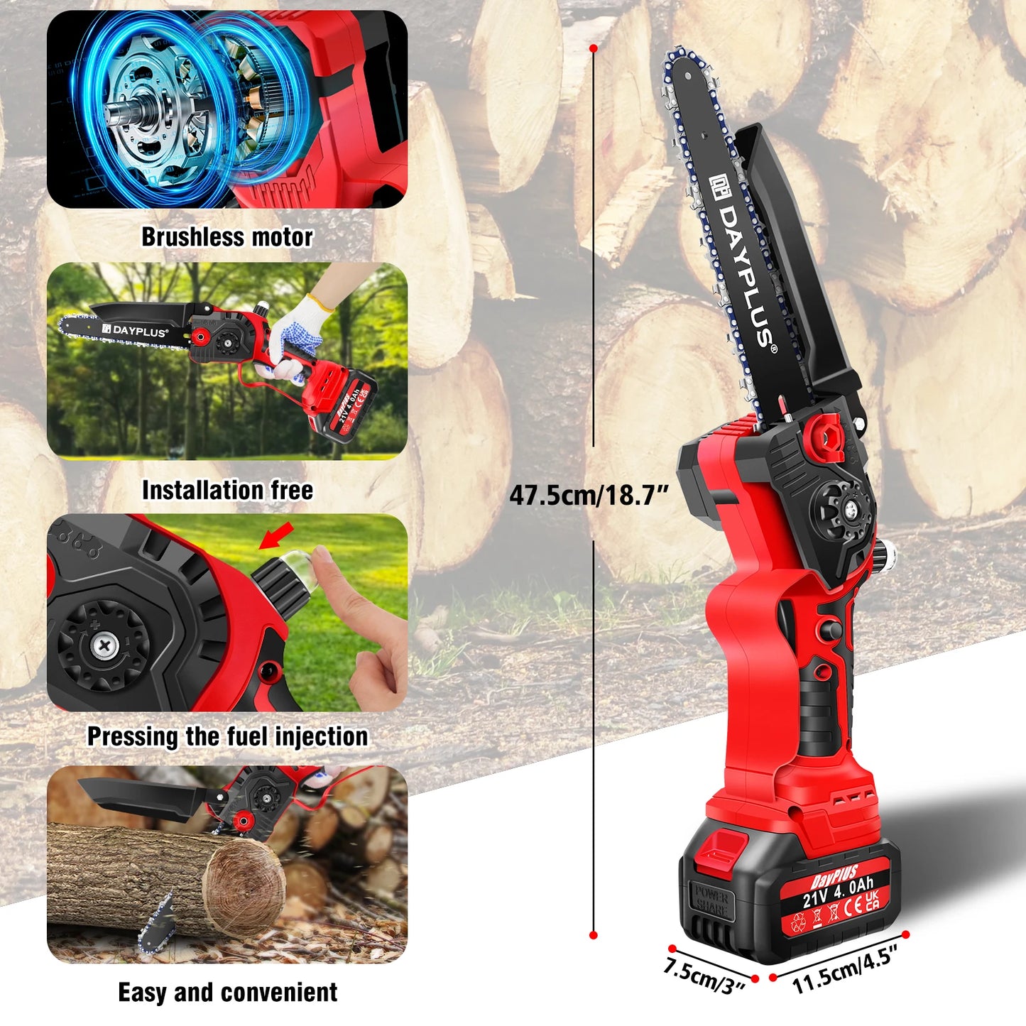 8Inch Cordless Electric Chainsaw Brushless + 4.0Ah Battery,One-Handed Portable