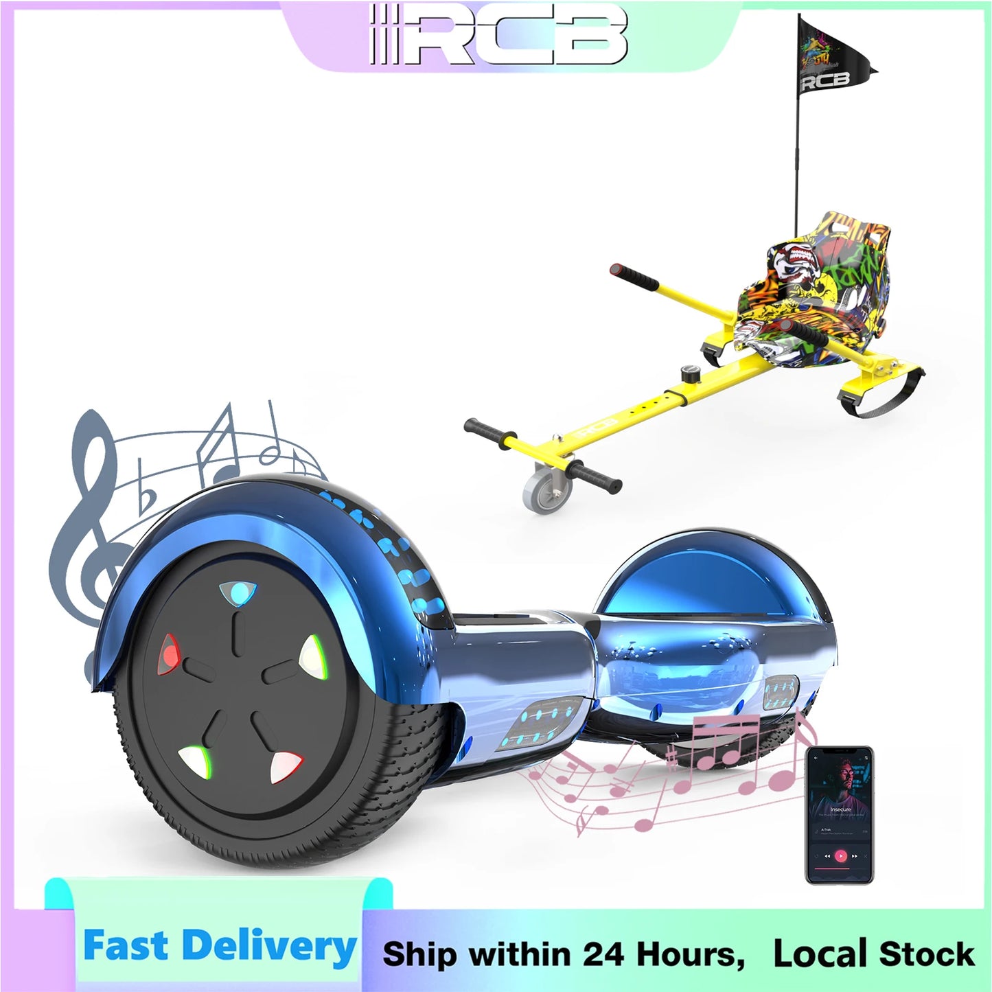 RCB 6.5-Inch Hoverboard with Go-Kart, Non-Slip Tire, LED Lights, Built-in Safety System, Electric Hoverboard for Kids & Adults
