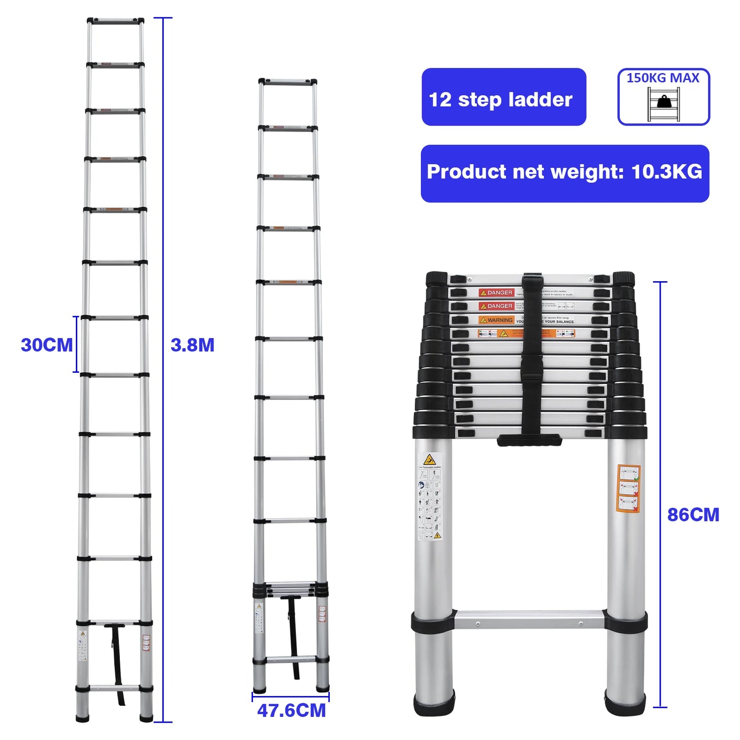 Multi-Size Aluminium Telescopic Ladder with Non-Slip Feet,Adjustable Lightweight Ladder
