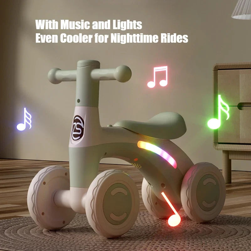 Anti-Tip Baby Balance Bike Ages 1-3 4-Wheel Silent Glider Walker Training Ride-On with Safety Wheels