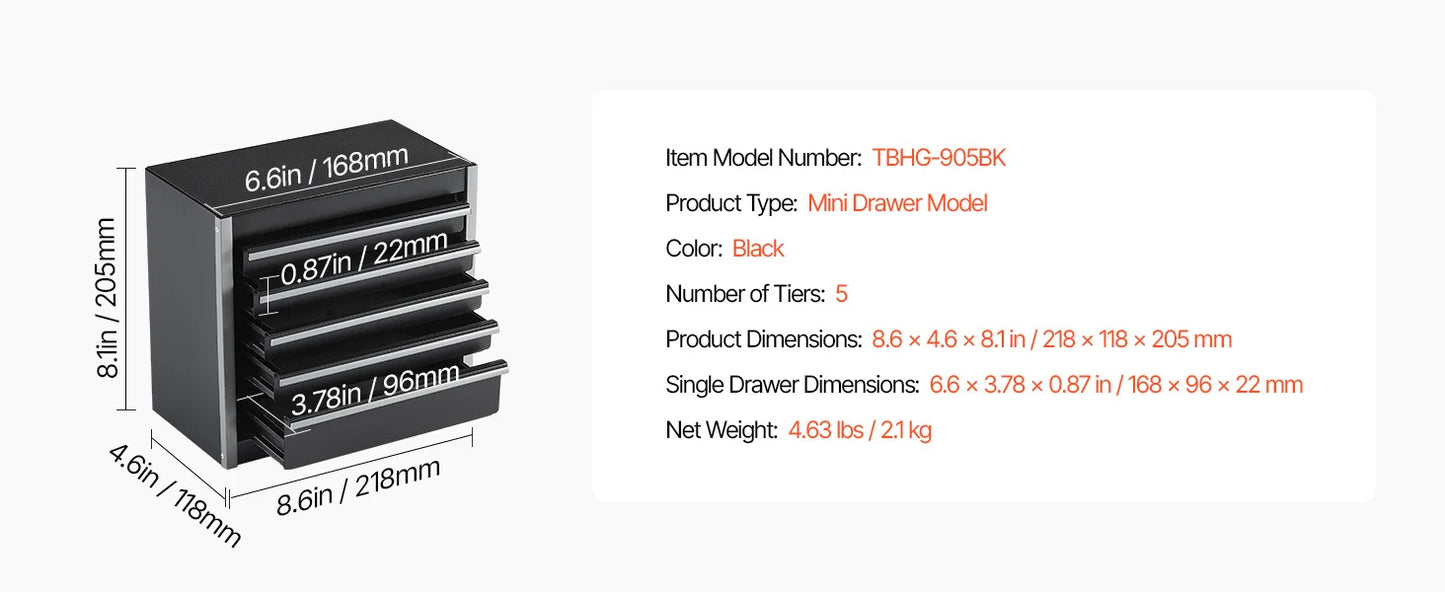 5-Drawer 8.6in Metal Tool Box Red/Black Portable Small Tool Chest with PP Feet Pads for Garage Workshop Tools Storage