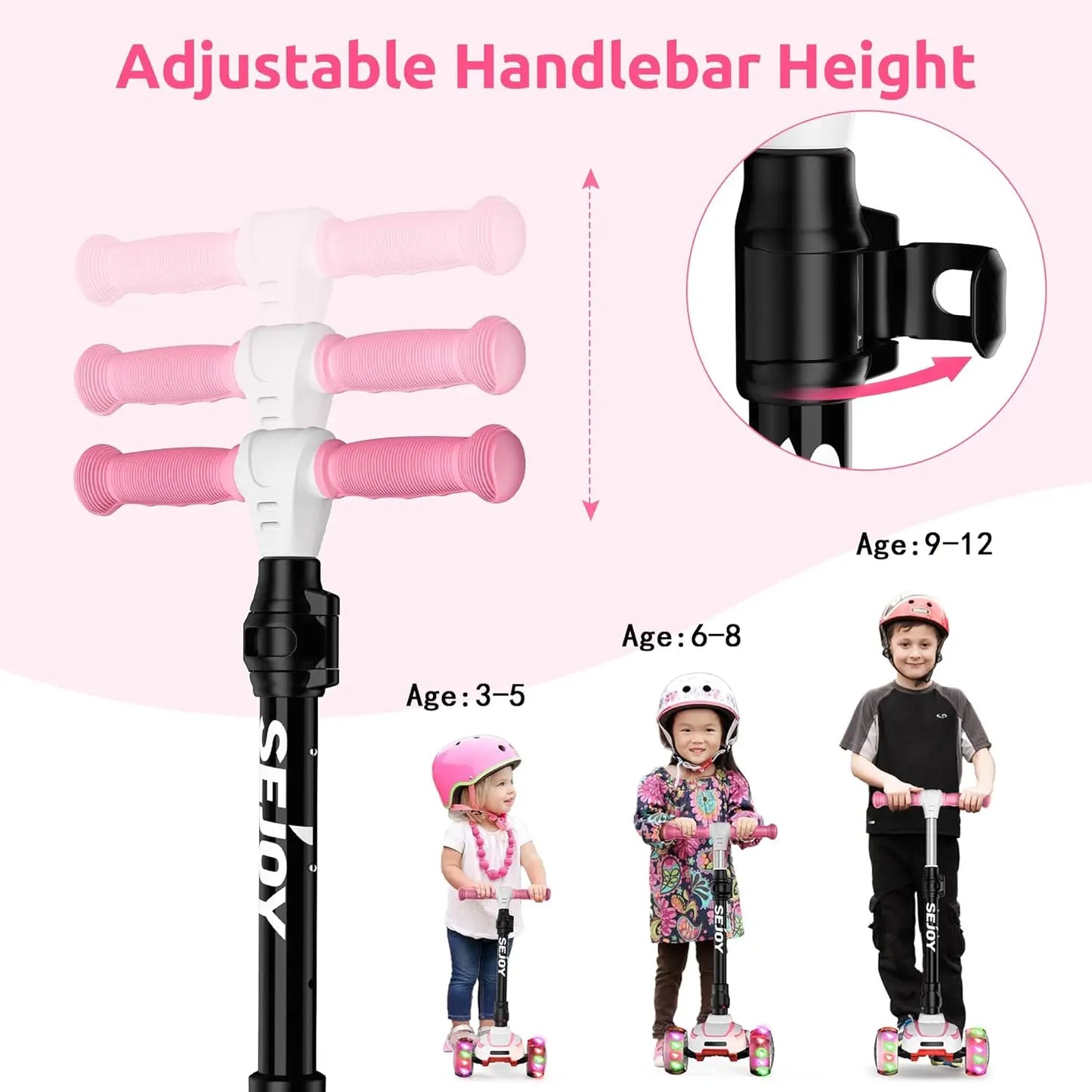 Sejoy Baby Scooter with LED Wheels Adjustable Height, Foldable Design & Dual Modes 2-8 Years