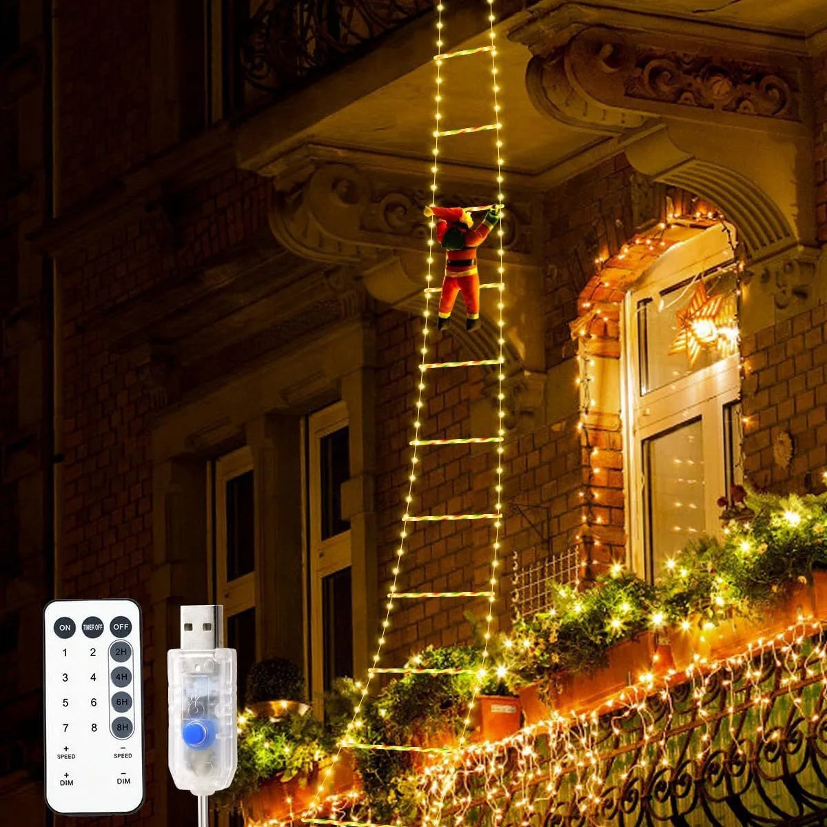 1.5/3M Christmas Decoration LED Santa Claus Climbing Ladder Light USB Plug 8 Flashing Modes Suitable