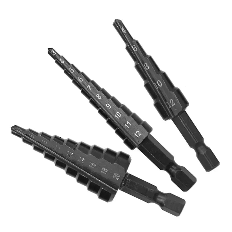 3pc Black Hexagonal Shank Straight Slot Ladder Drill Bit Reaming and Hole Opening Drill Tool Set