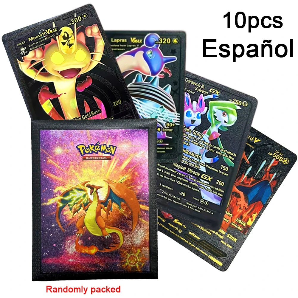 10-55Pcs Pokemon Gold Foil Cards Golden Letters English Spanish French German Game Card Metalicas Charizard Vmax Gx Series