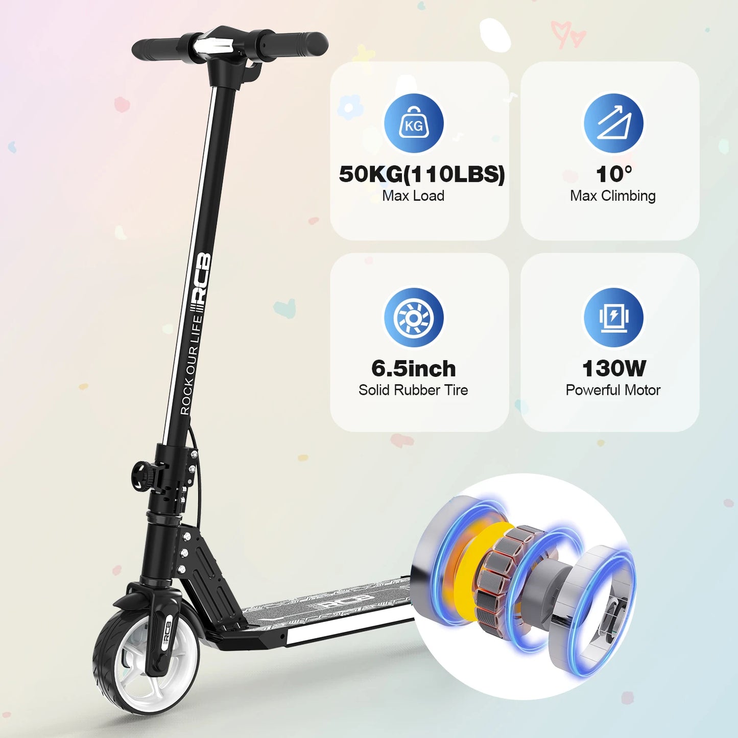 RCB R12 Electric Scooter for Kids Age 6-12, Rainbow Lights, 6.5" Foldable E Scooter, LED Display, Lightweight
