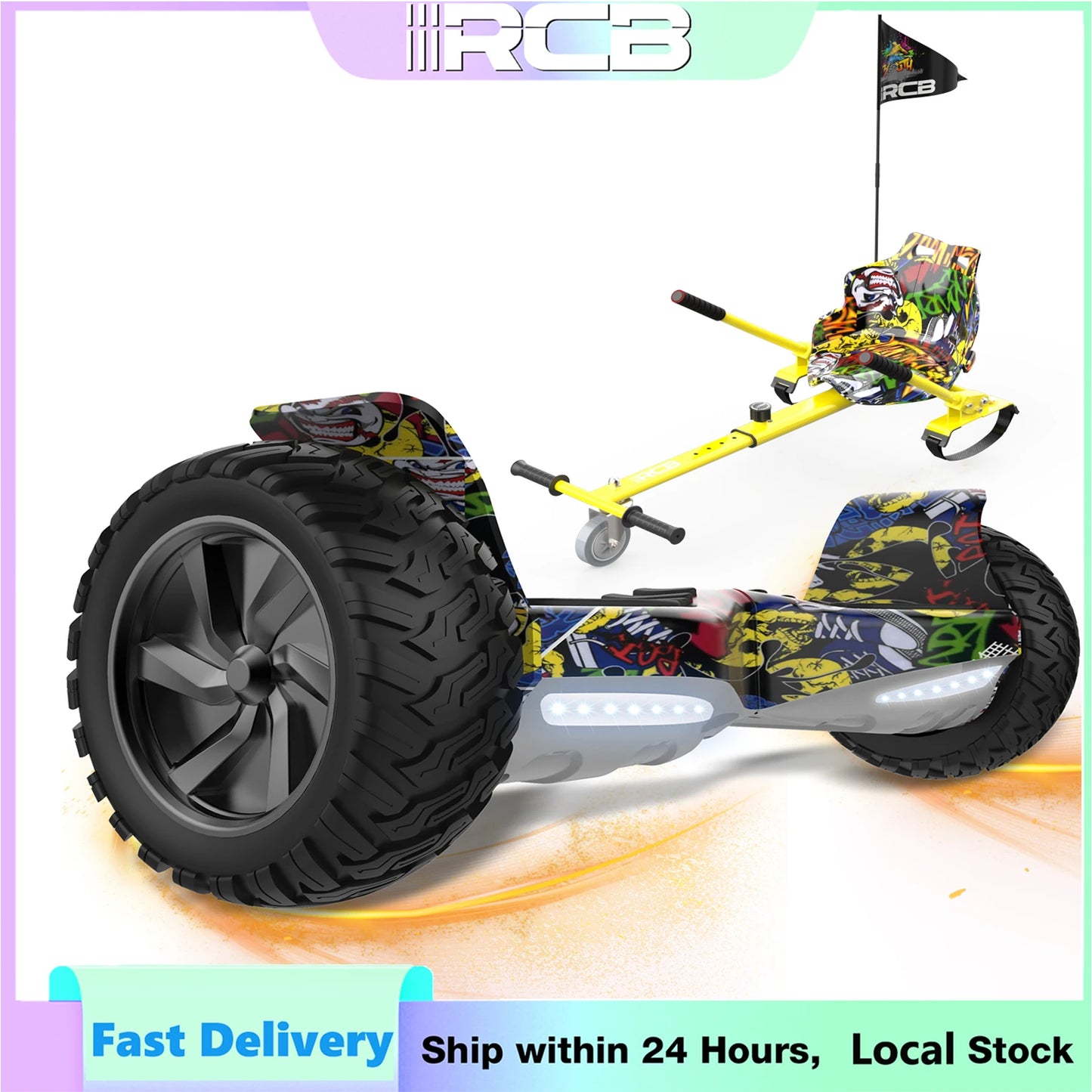 RCB 8.5" All Terrain Hoverboard with Hoverkart, Self Balancing Electric Scooter with LED and Speaker