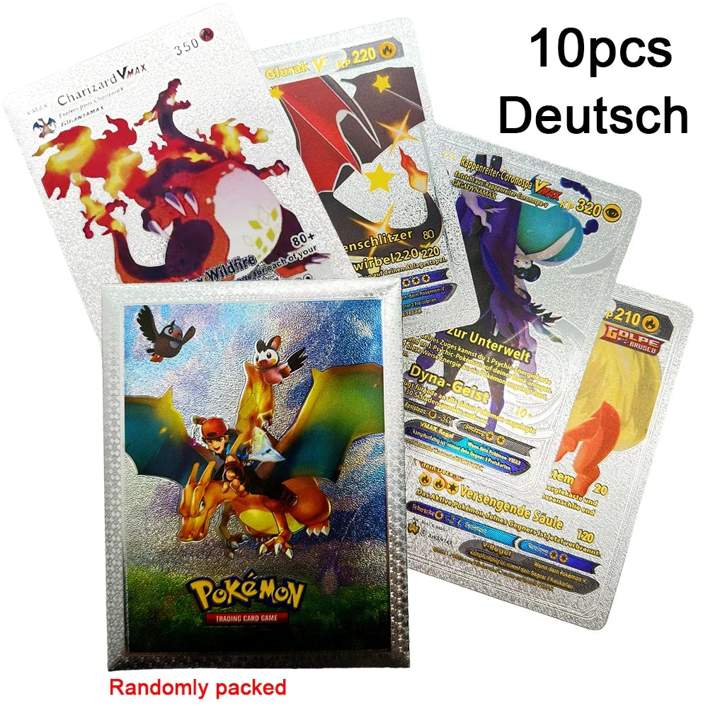 10-55Pcs Pokemon Gold Foil Cards Golden Letters English Spanish French German Game Card Metalicas Charizard Vmax Gx Series