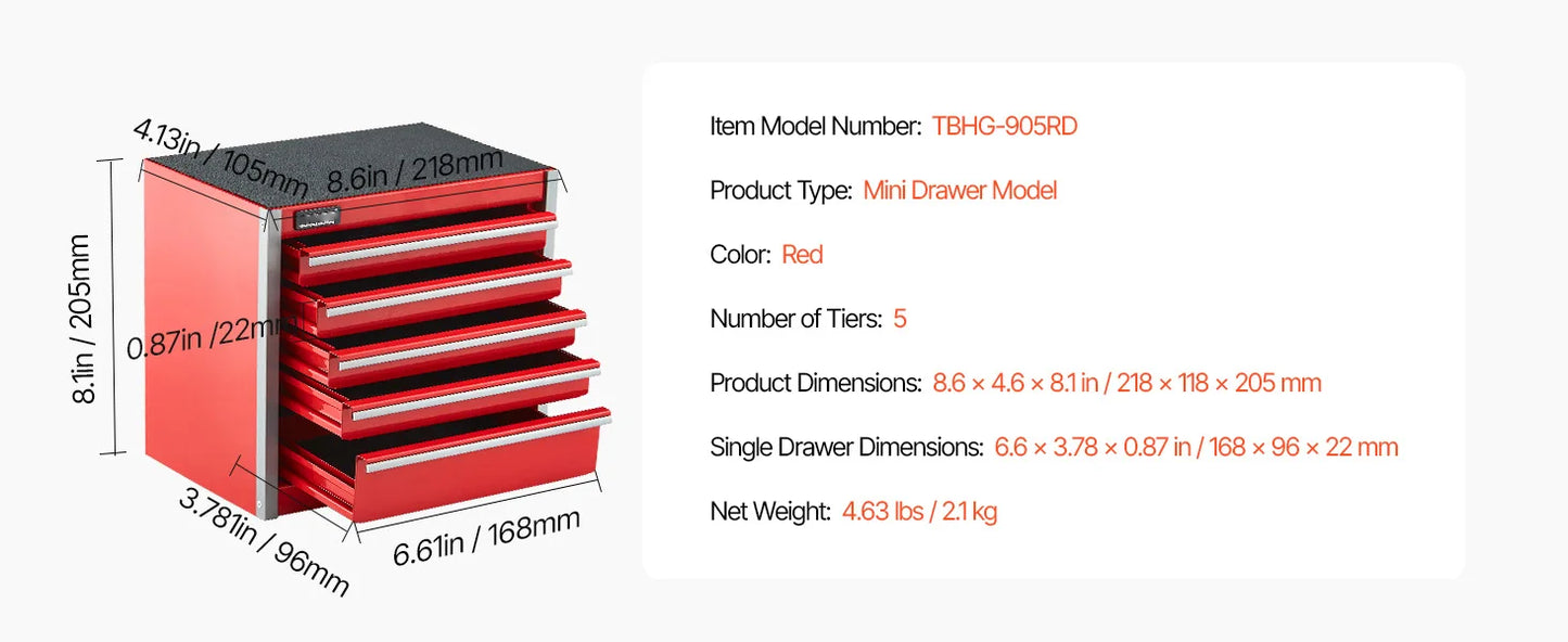 5-Drawer 8.6in Metal Tool Box Red/Black Portable Small Tool Chest with PP Feet Pads for Garage Workshop Tools Storage