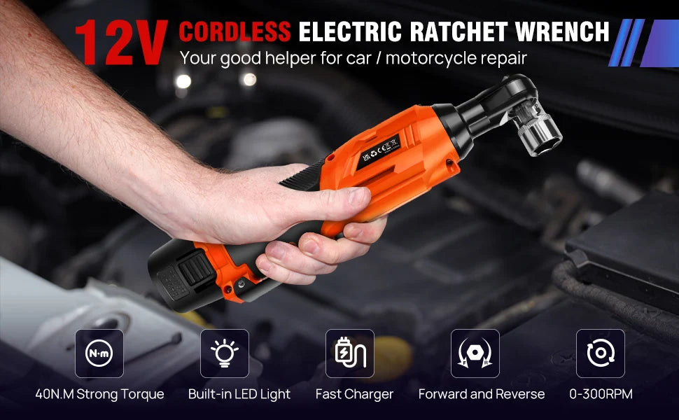 3/8’ 12 V Extended Cordless Ratchet for Car Repair, DIY Work, Automotive