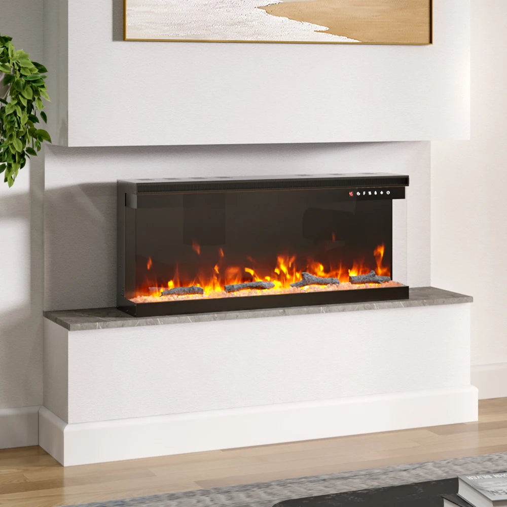 Recessed/Freestanding 3-sided Tempered Glass Front Electric Fireplace, 12 Flame Colors, 1500W 40&50 Inch