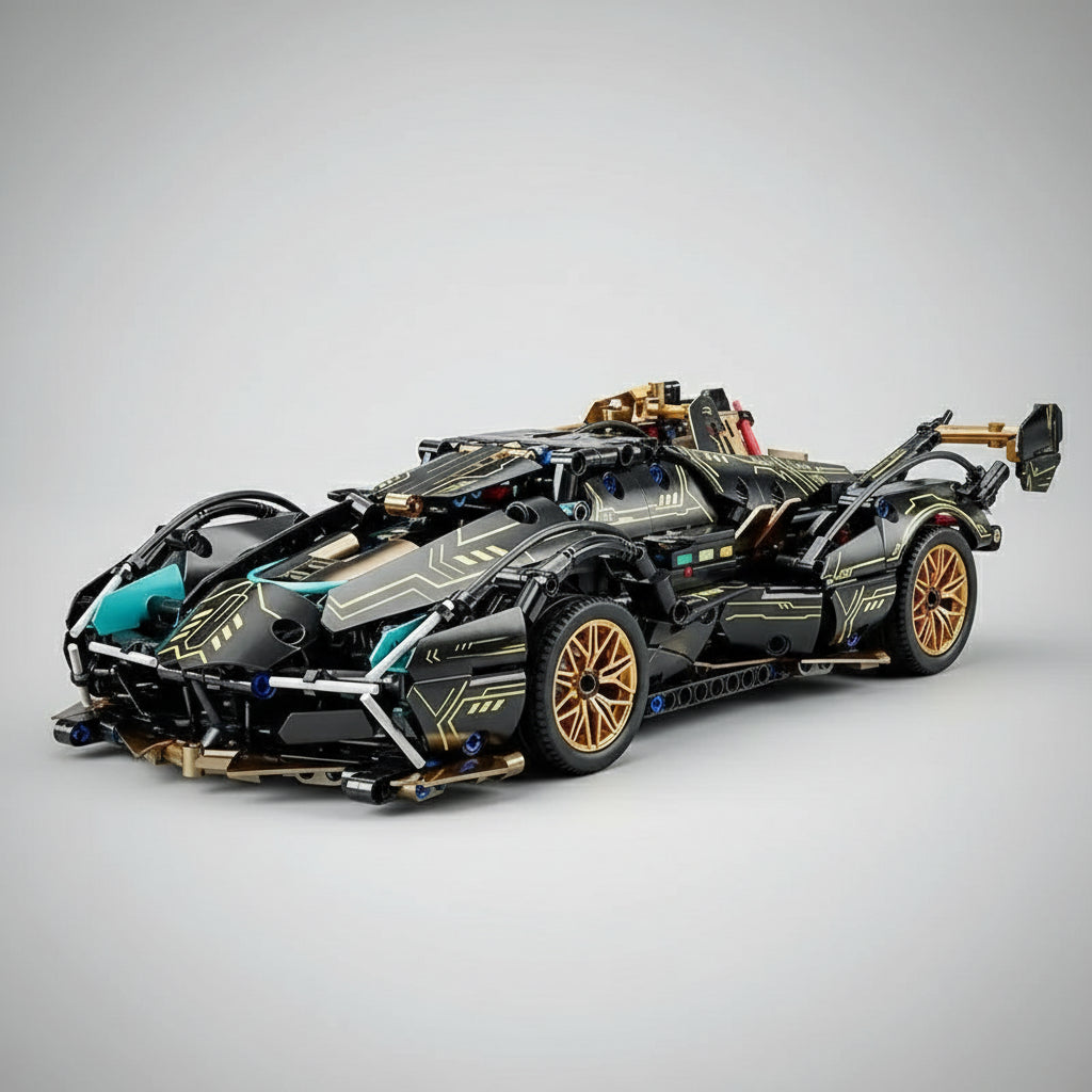 Man assembling a detailed model car on a wooden table