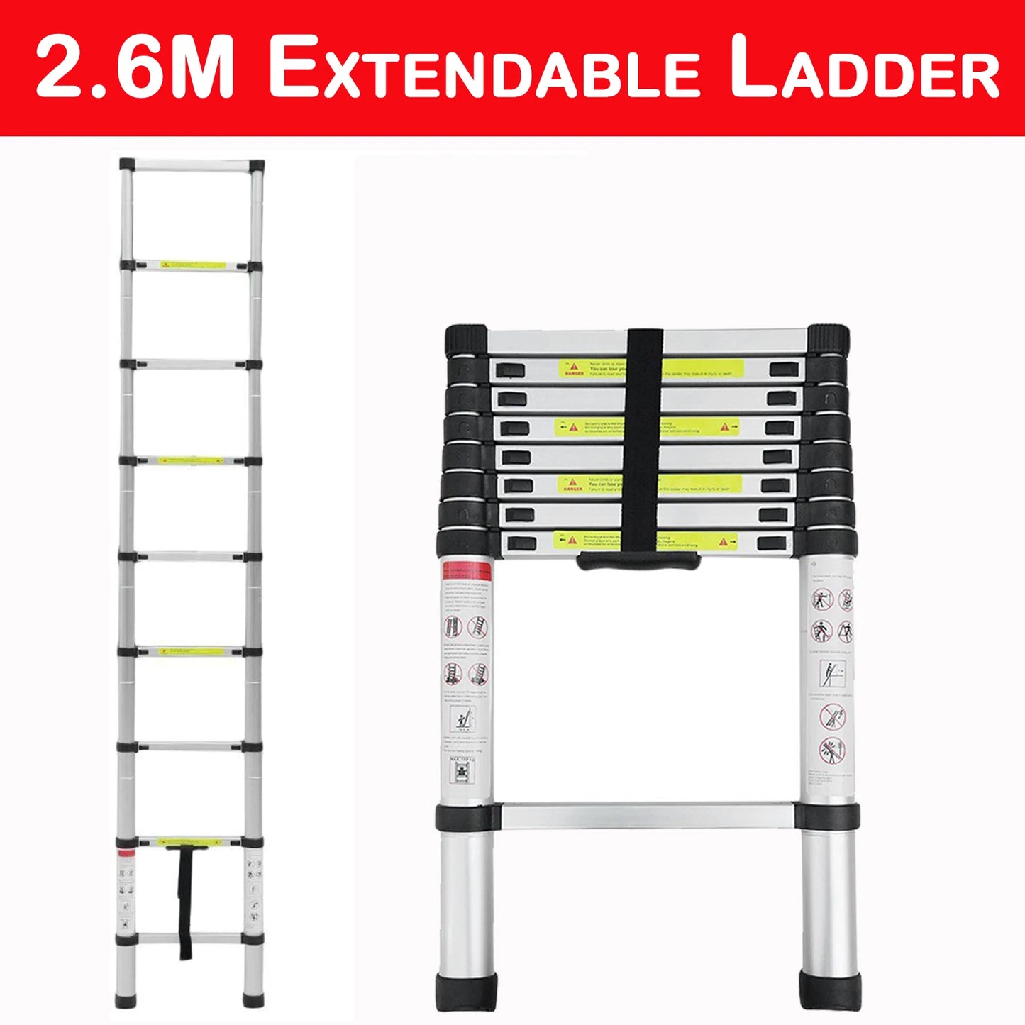 Telescopic Ladder 2.6m-6.2m, Portable Extendable Multi-Purpose Folding Aluminium Ladder Heavy Duty Extension Step