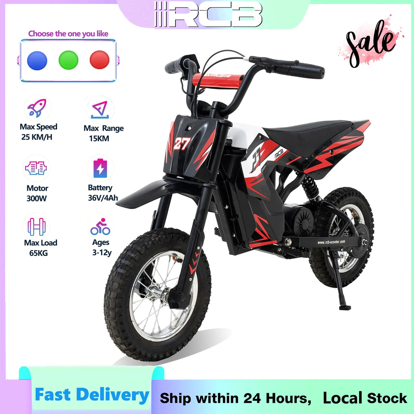 RCB Kids Electric Motorbike for Children, Up to 15.5 MPH & 9.3 Mile Range with 36V 4Ah Motor
