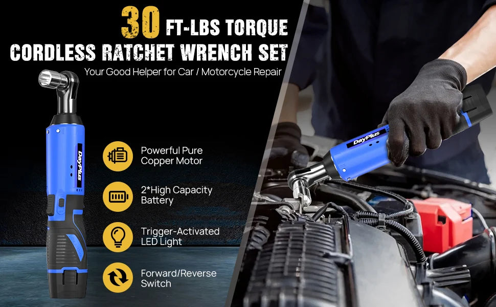 Cordless Ratchet Wrench Set,3/8"300 RPM 12V Power Electric Ratchet Driver with 7 Sockets,Two 1500mAh Li-Ion Batteries