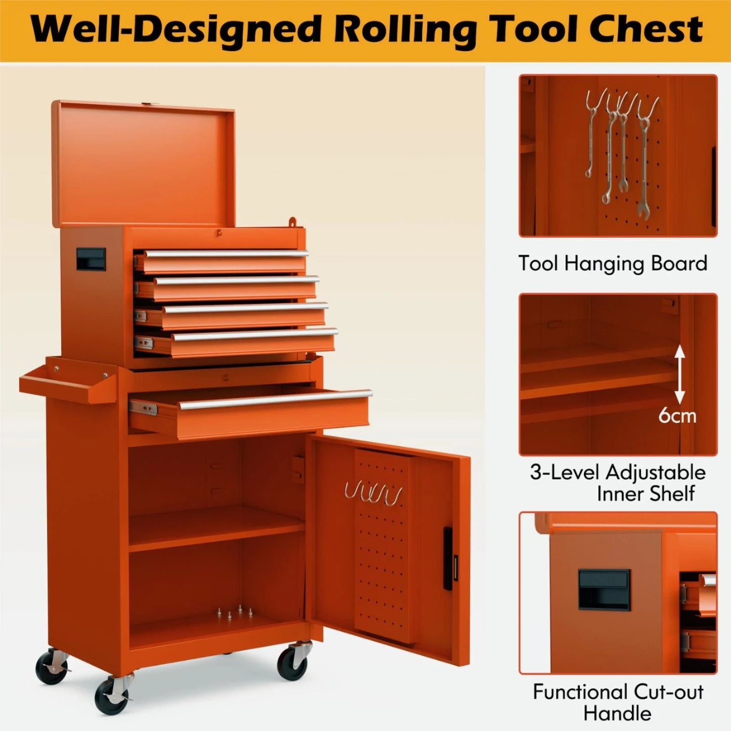 ERGOMASTER 5-Drawer Rolling Tool Chest High Capacity Tool Storage Cabinet-Orange