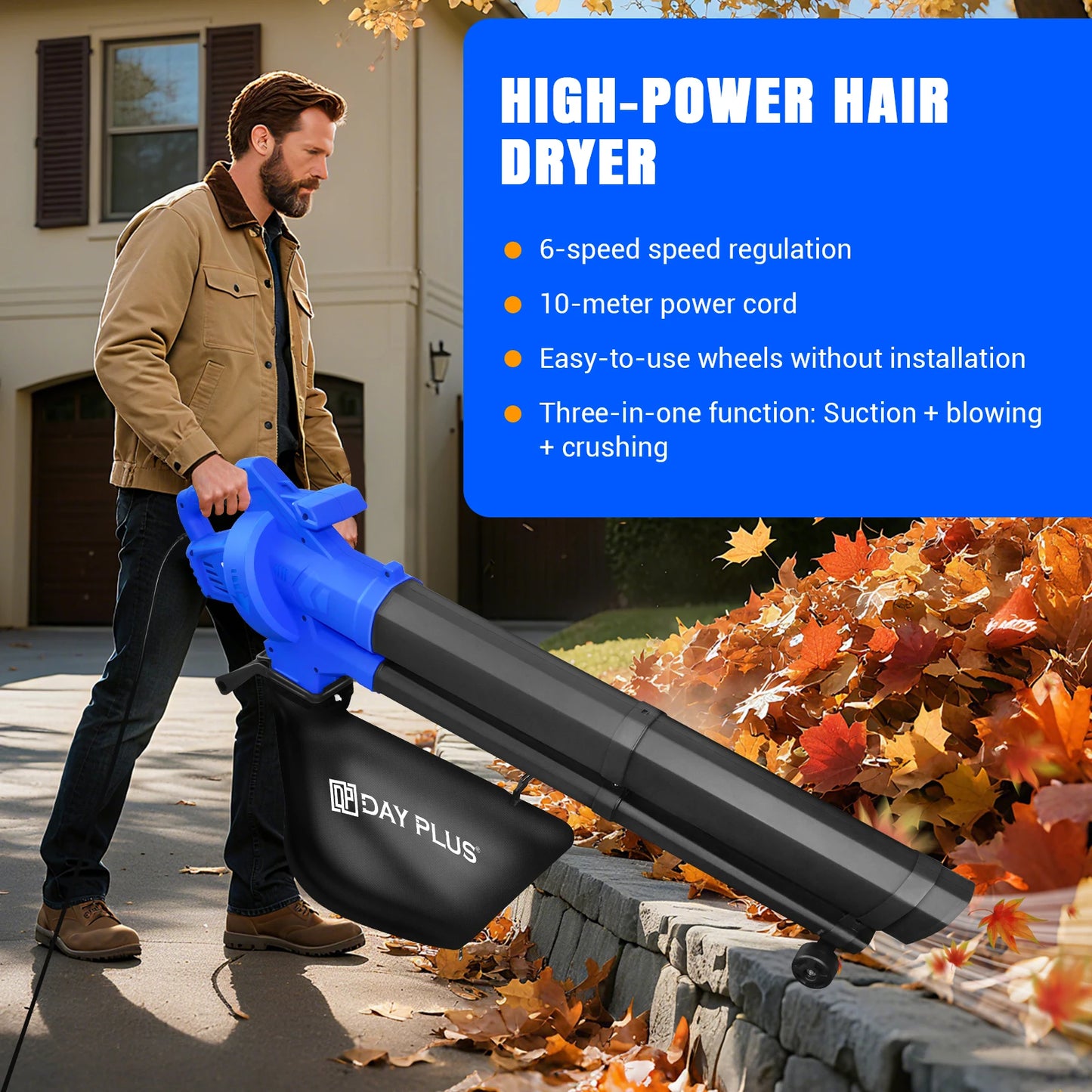 Leaf Blower 3500W 3-in-1 - Blows, Vacuums and Mulches Leaves Grass with Variable Blow Speed 35L Bag and 10m Cable