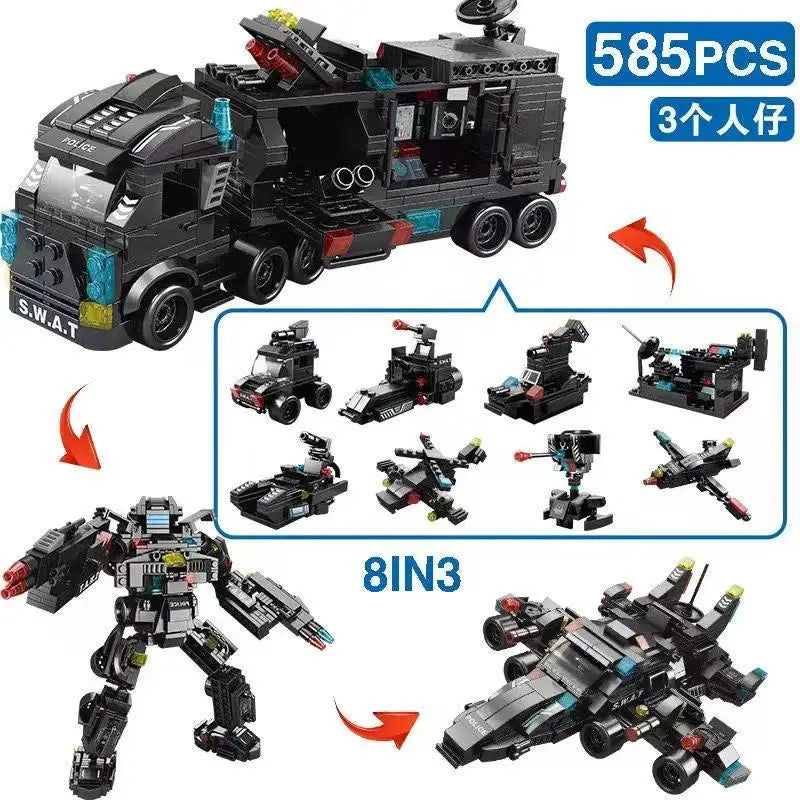 585pcs 8 in 1 SWAT Police Station Truck Model Building Blocks Set City Helicopter Bricks Toys for Kids Gifts