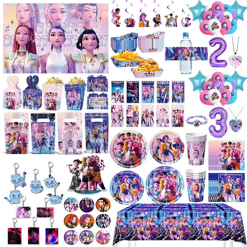 NEW Kpop Demon Hunter Decoration Birthday Supplies Kpop Birthday Theme Ballons Plate Cup Napkin Gift Bag Background Party Favor