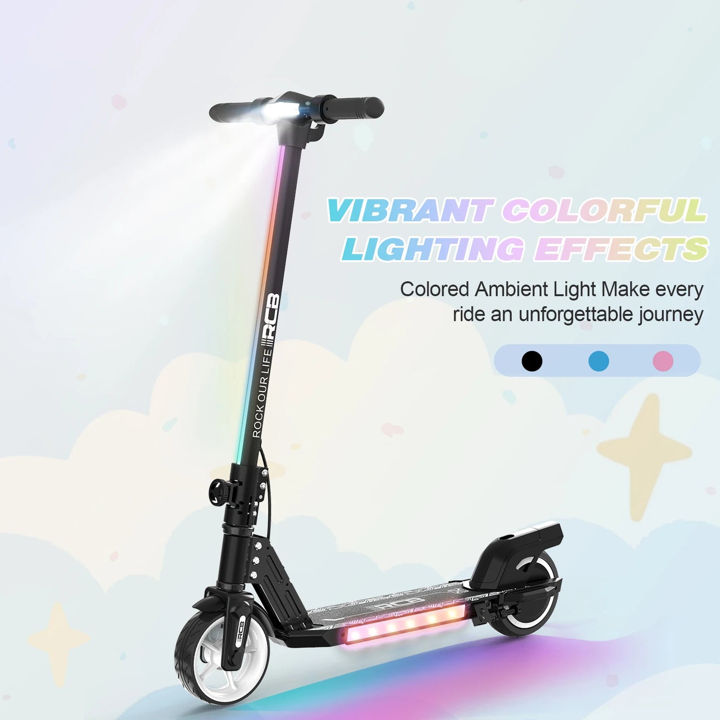 RCB R12 Electric Scooter for Kids Age 6-12, Rainbow Lights, 6.5" Foldable E Scooter, LED Display, Lightweight