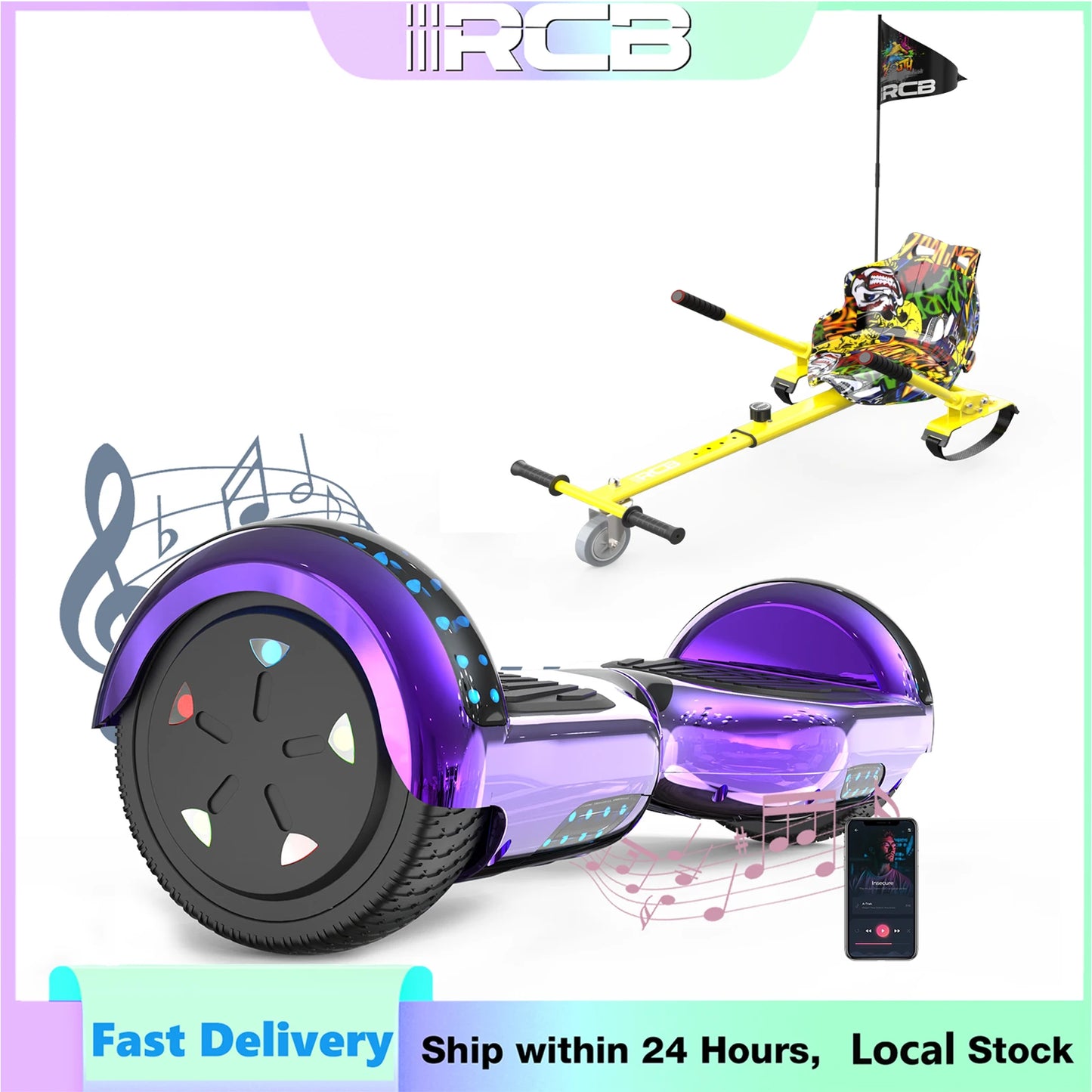 RCB 6.5-Inch Hoverboard with Go-Kart, Non-Slip Tire, LED Lights, Built-in Safety System, Electric Hoverboard for Kids & Adults