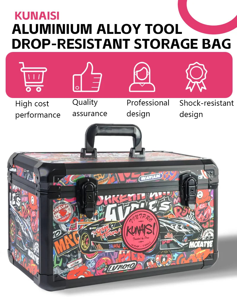 KUNAISI Graffiti Large Aluminum Alloy Toolbox Durable Multi Functional Double layer adjustable size storage box 43*23*24.5cm