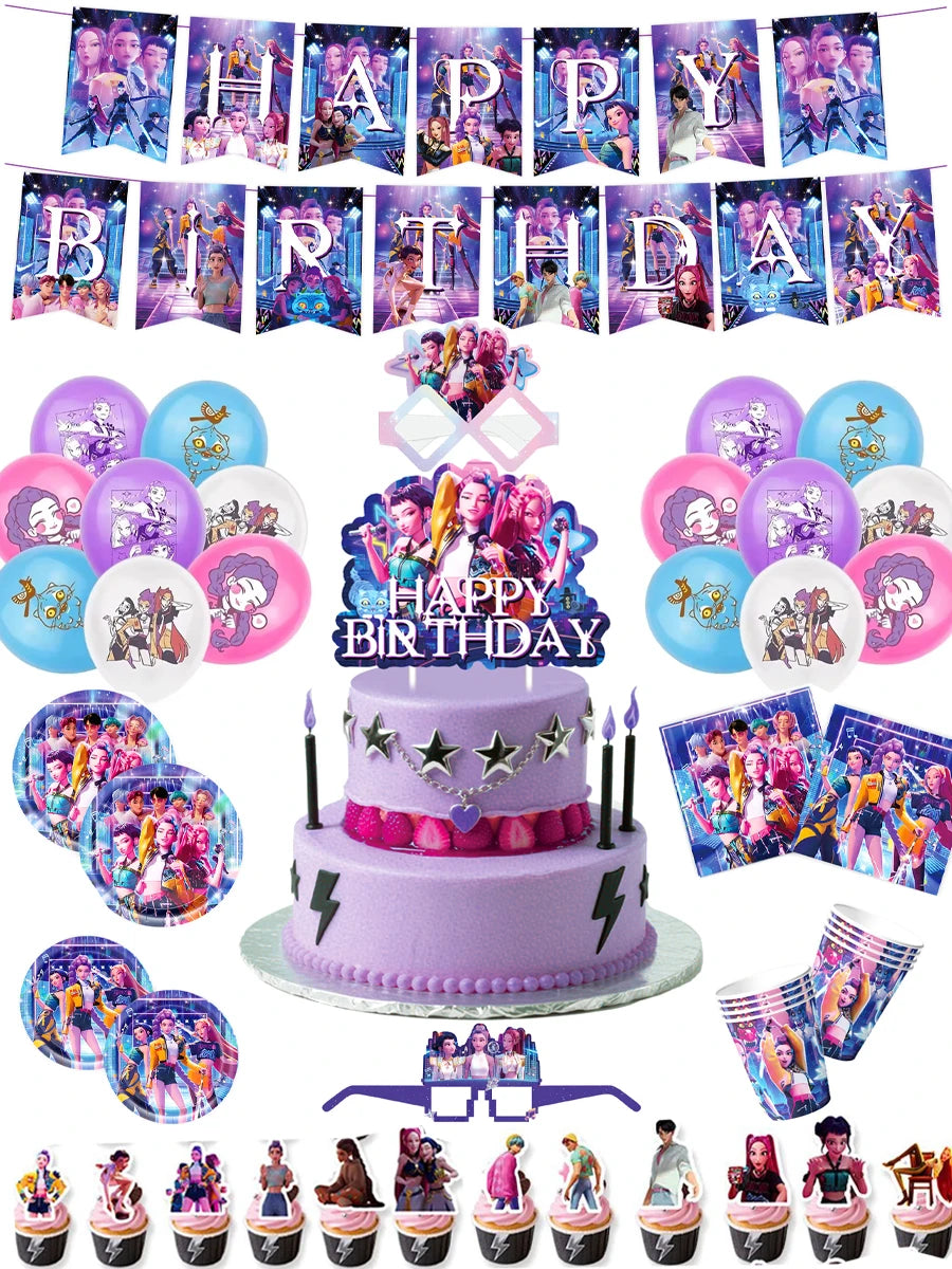 K-pop Demon Hunters Christmas Party Favors Anime Demon Hunting Cupcake Toppers Postcard Group Cards Stickers Banner Balloon Sets