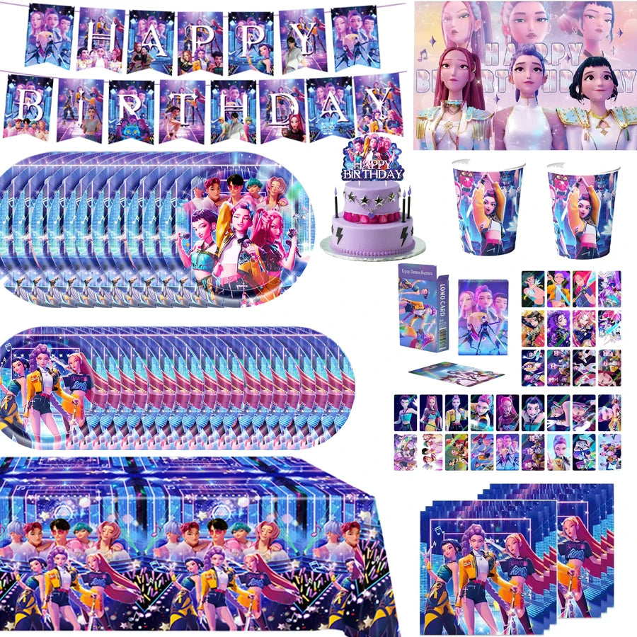 K-Ppop Demon Hunter Themed Birthday Disposable Paper Tableware with Cups Plates Cake Topper Favors BalloonGift Bag for Christmas