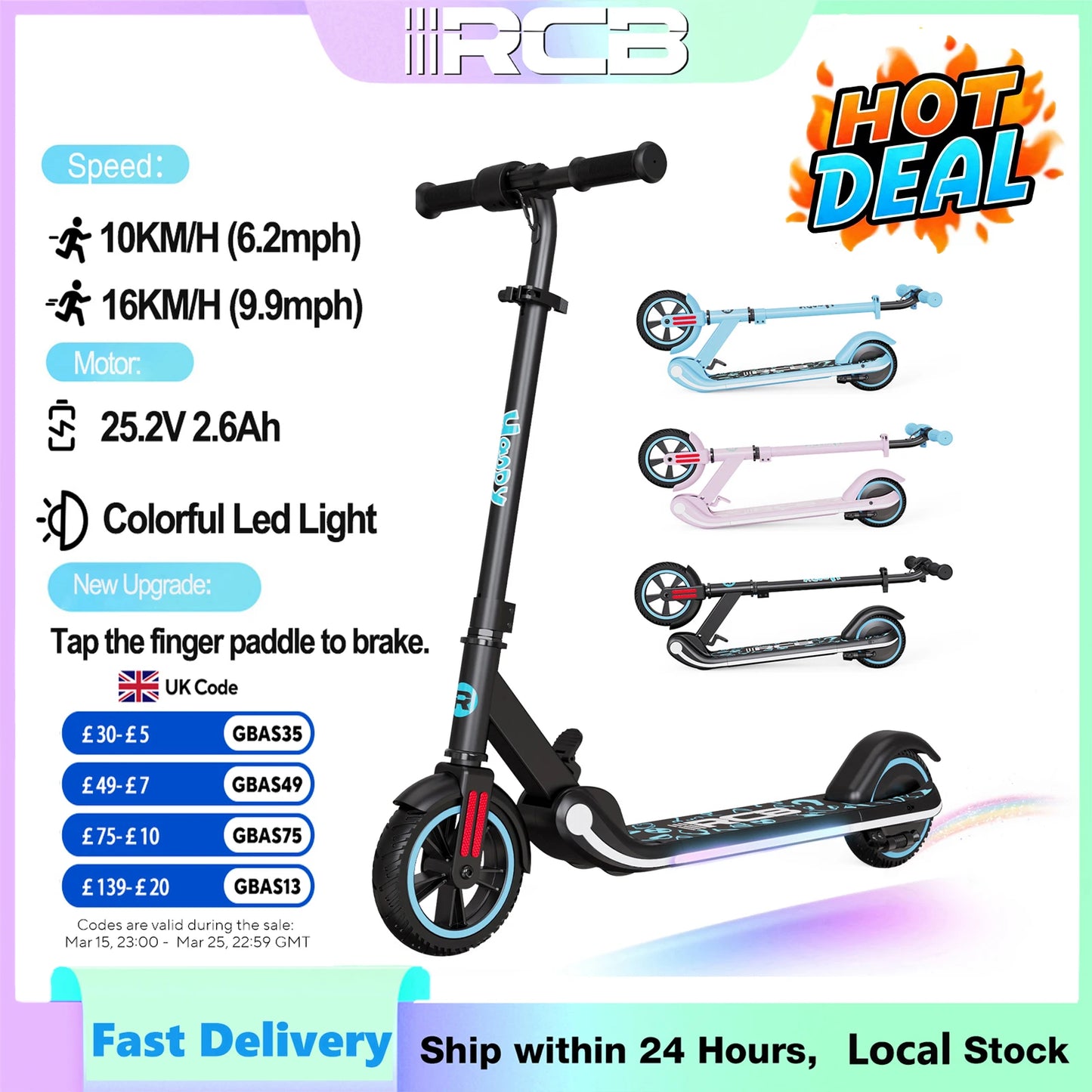 RCB Electric Scooter for Kids Ages 6-12, Up to 16KM/H & 8KM, LED Display Lightweight