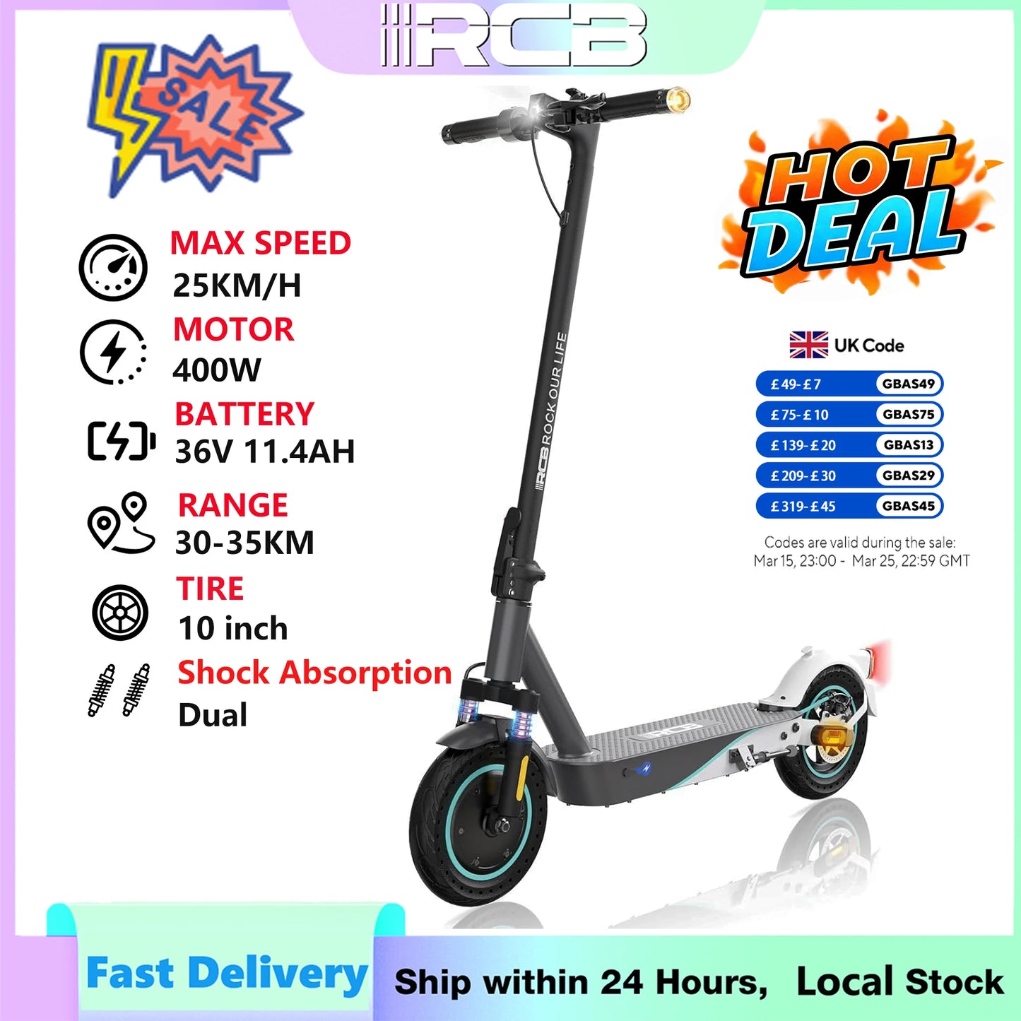 RCB 10" Electric Scooter Adult R19, 30-35 Km Range, Max Speed 25 km/h and 150kg Load, 3 Speed Settings, App Control