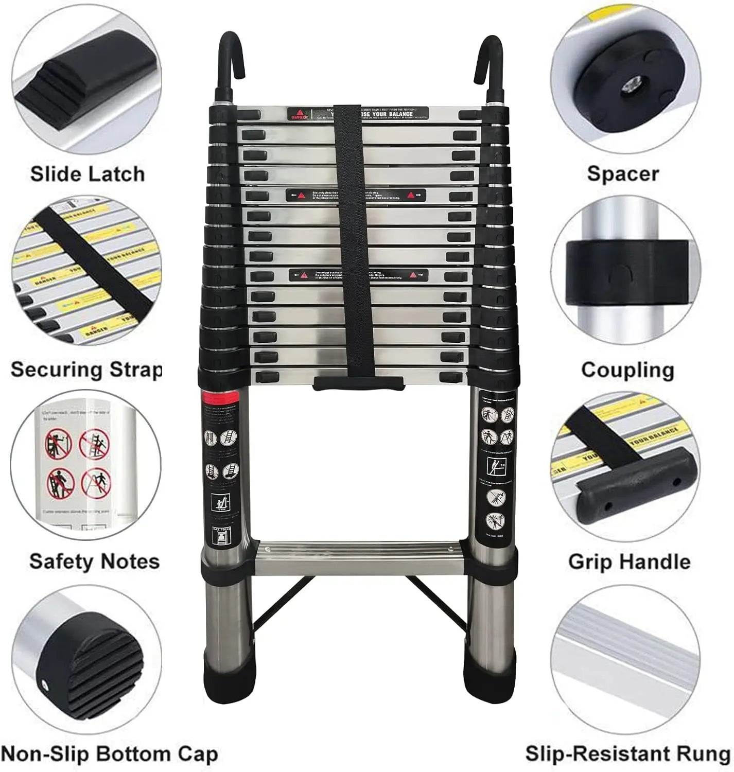 Telescopic Ladder 5M/16.4FT Multi-Purpose Folding Ladder with Hooks, Extendable Loft Ladder Portable Collapsible Ladder, EN131