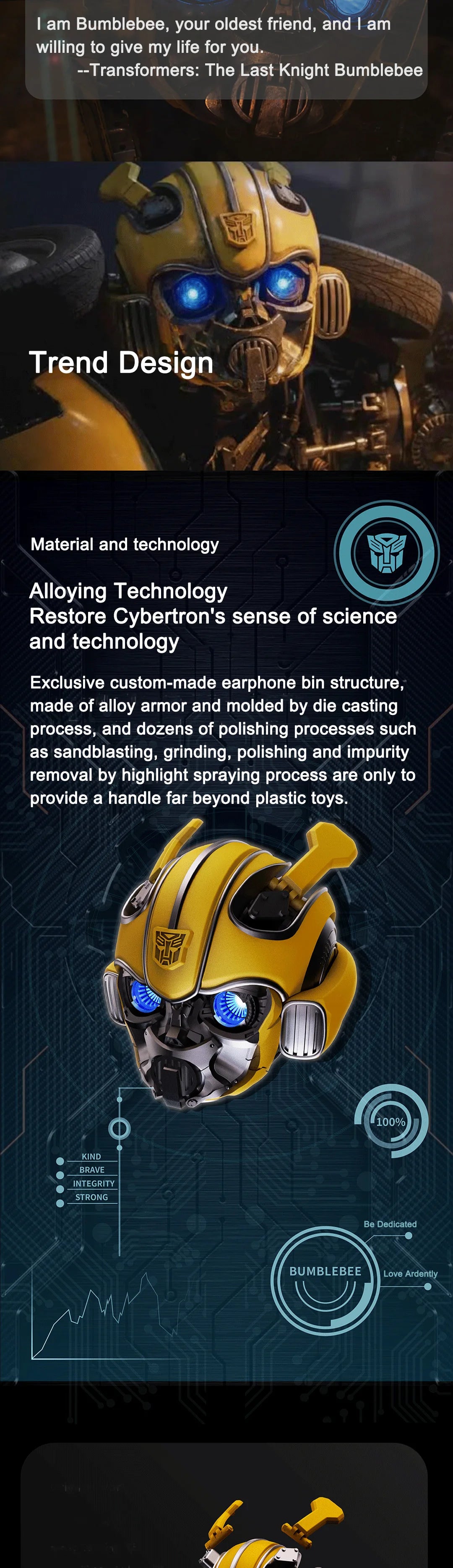 Genuine TRANSFORMERS H1 High-Quality Bluetooth Earphone Cool Bumblebee Mecha-shaped Wireless Headset High Quality Zinc Alloy