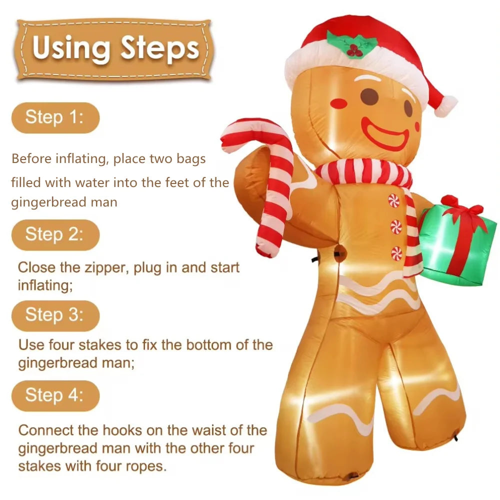 8FT/2.4M Christmas Inflatables Gingerbread Man with Gift Pack Xmas Yard Decorations