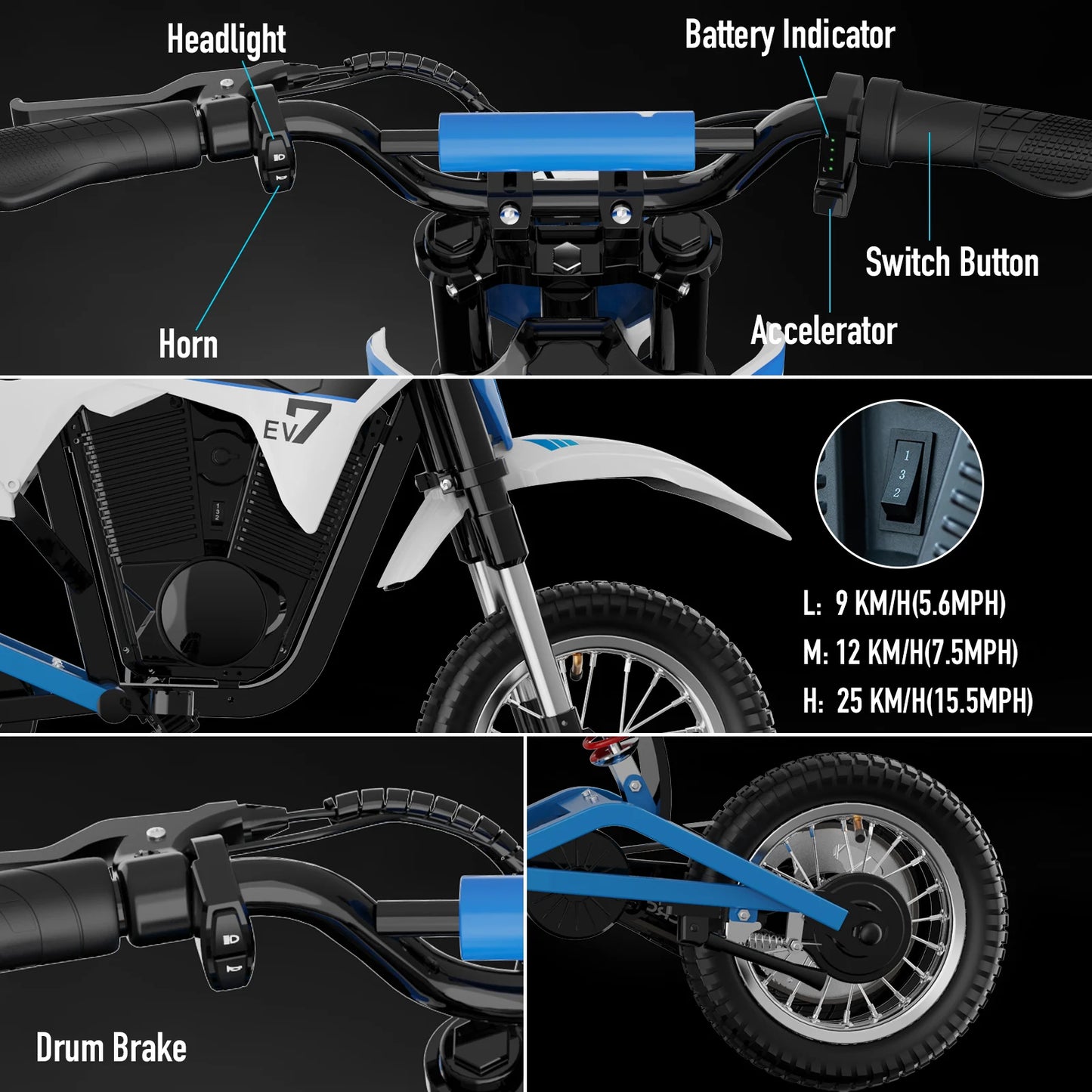 Children's Electric Dirt Bike EVERCROSS PLUS EV12M Pro - 300W, 25 km/h, 15 km Range, Bluetooth & LED, 12'' Tires