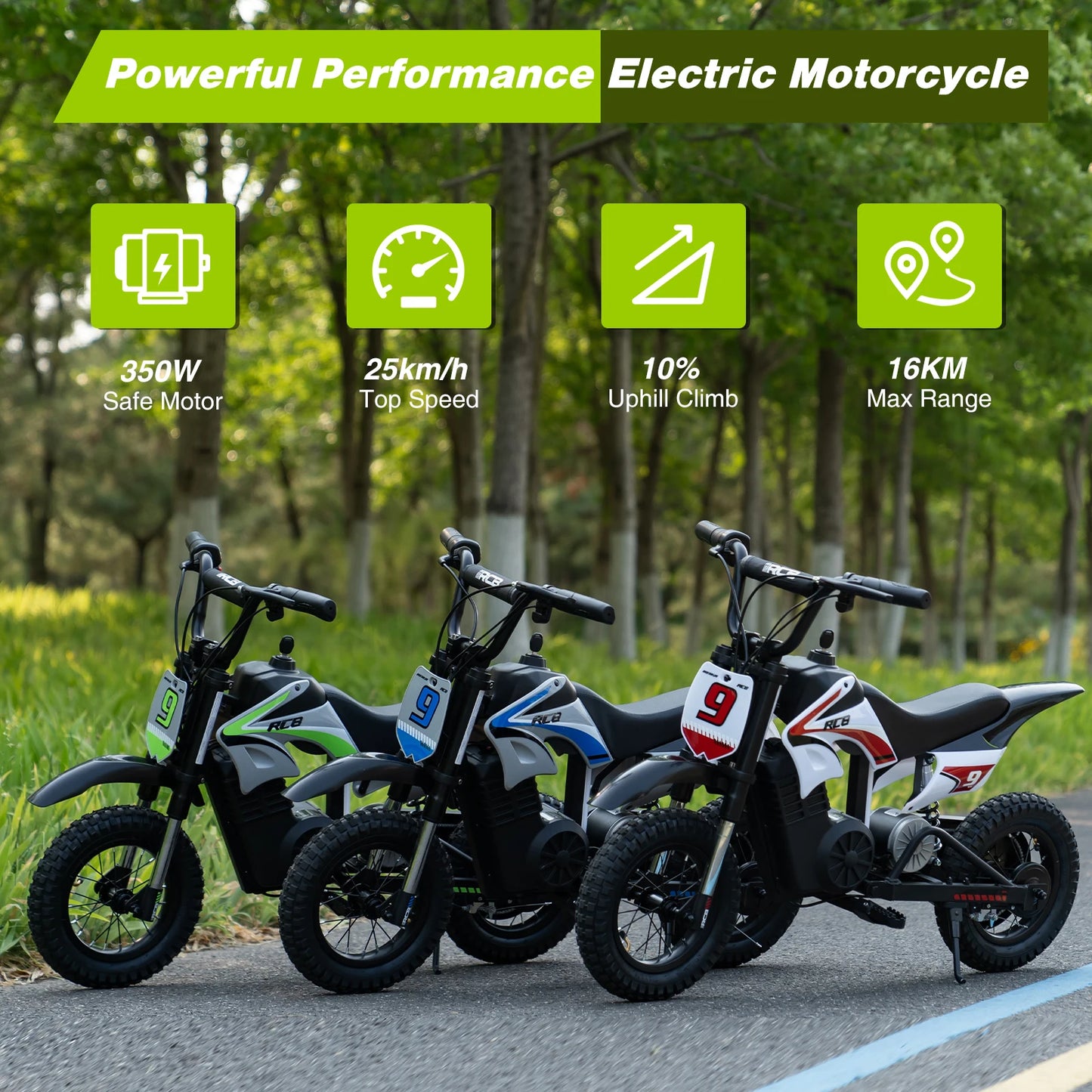RCB Electric Motorcycle Kids, 36V 350W R9X PRO- Up 25KM/H &16KM Long-Range, 3-Speed